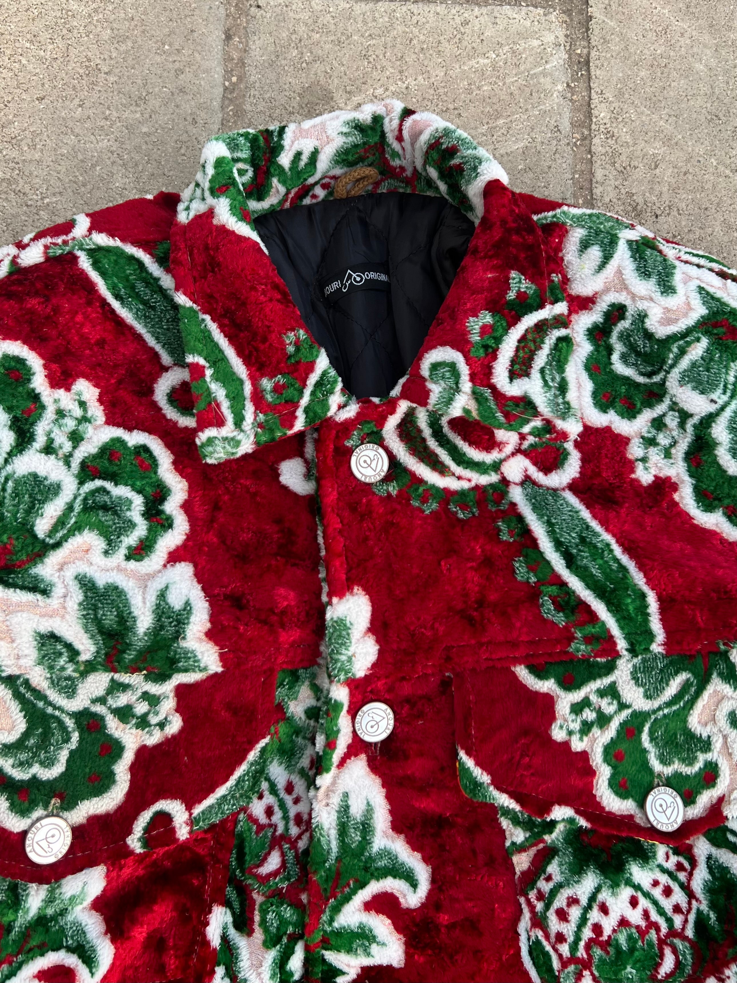 Moroccan hand made with unique design red and green color ,  carpet Jacket UNISEX