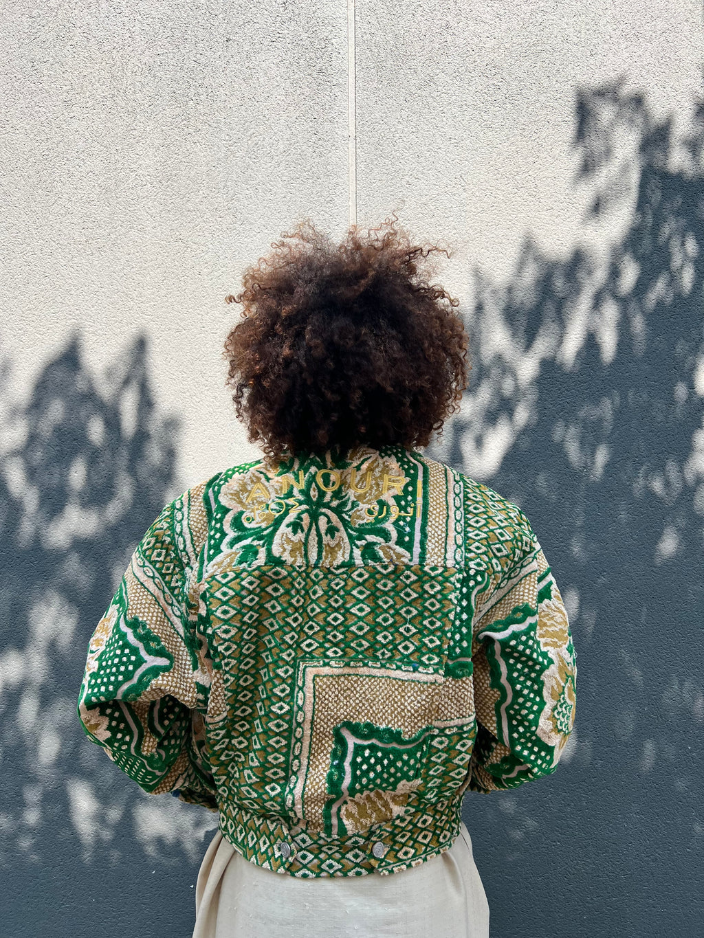 Moroccan hand made with unique green and yellow color,  carpet Jacket UNISEX