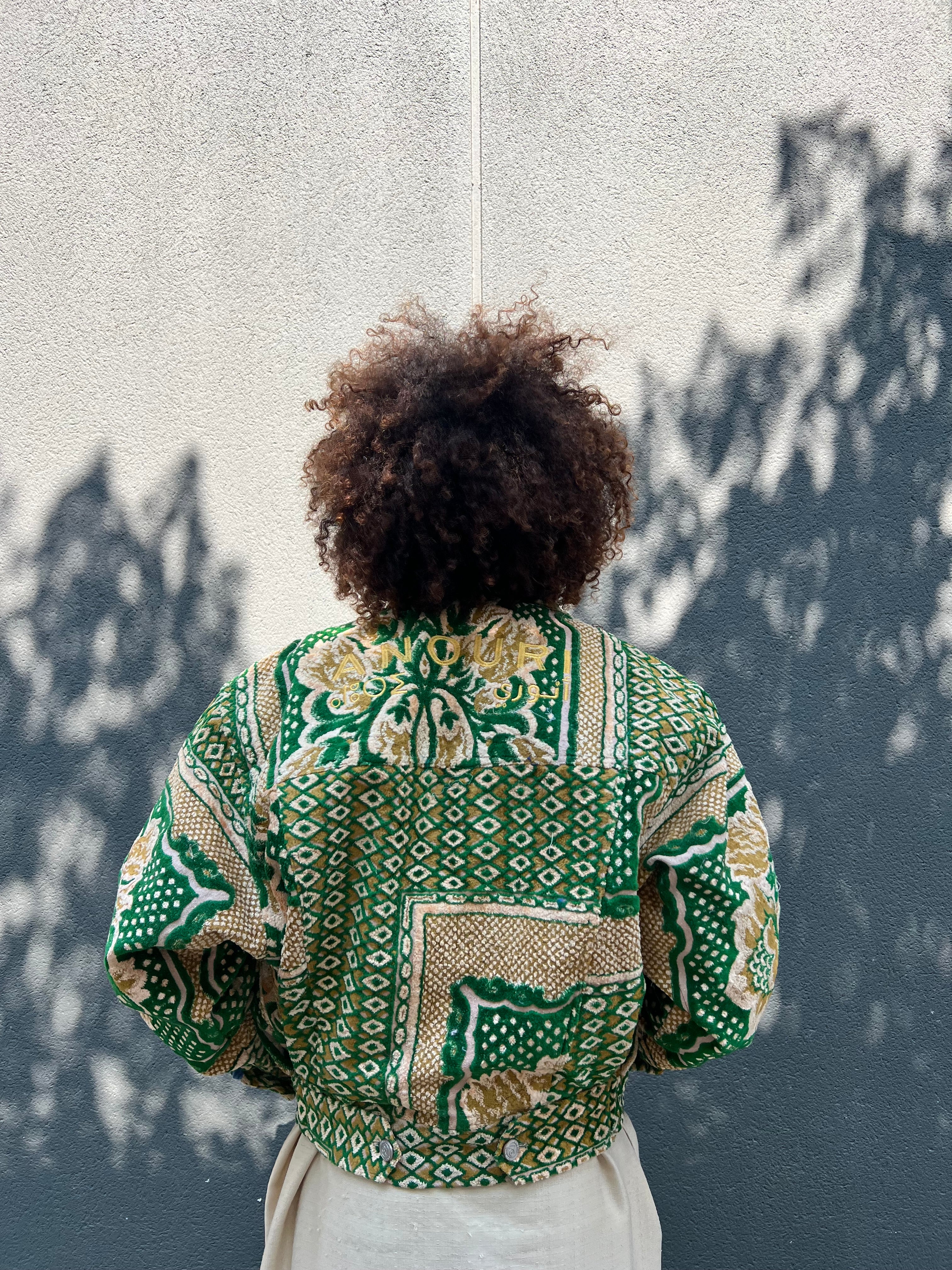 Moroccan hand made with unique green and yellow color,  carpet Jacket UNISEX