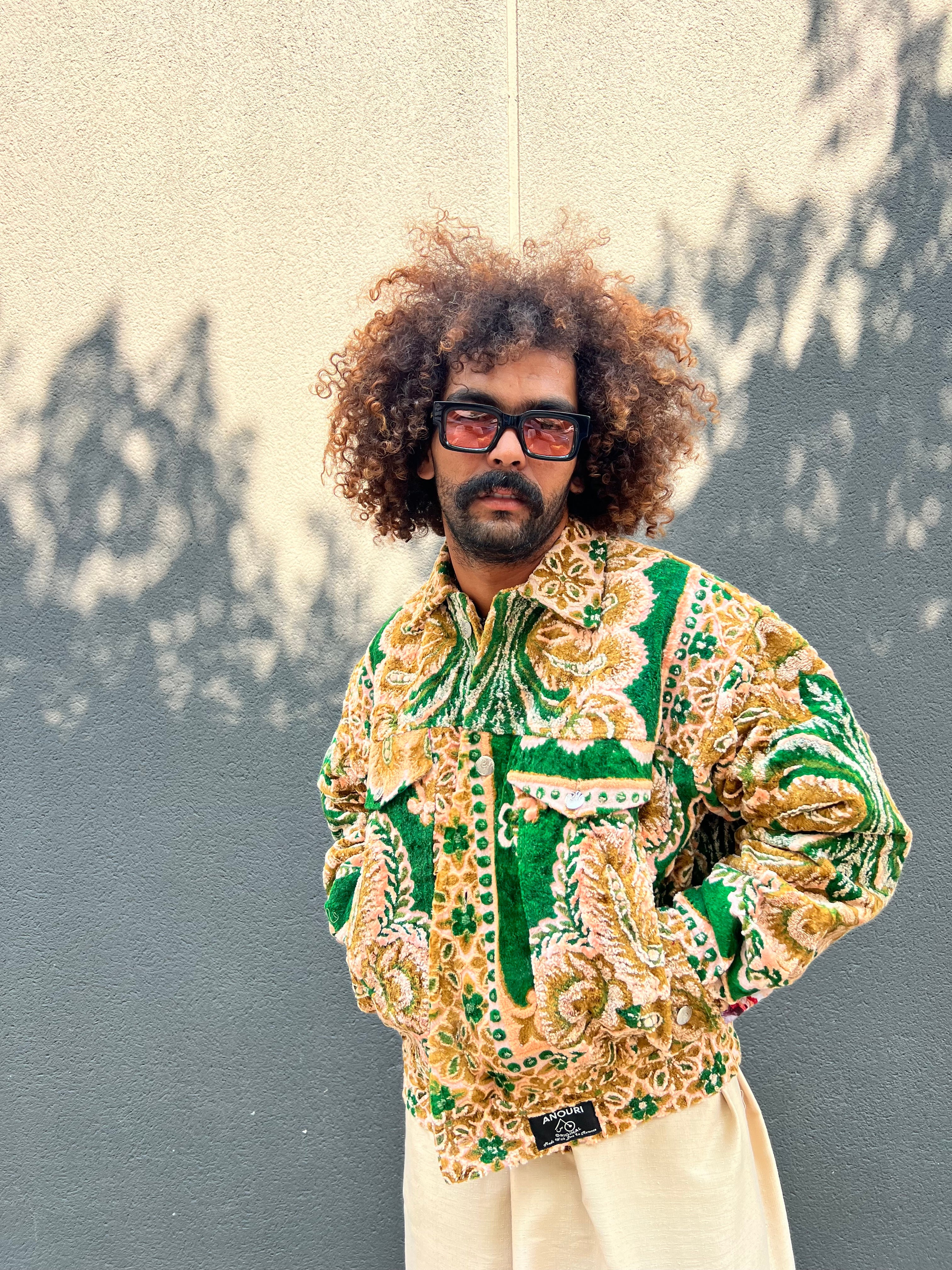 Moroccan hand made with unique green and yellow color,  carpet Jacket UNISEX