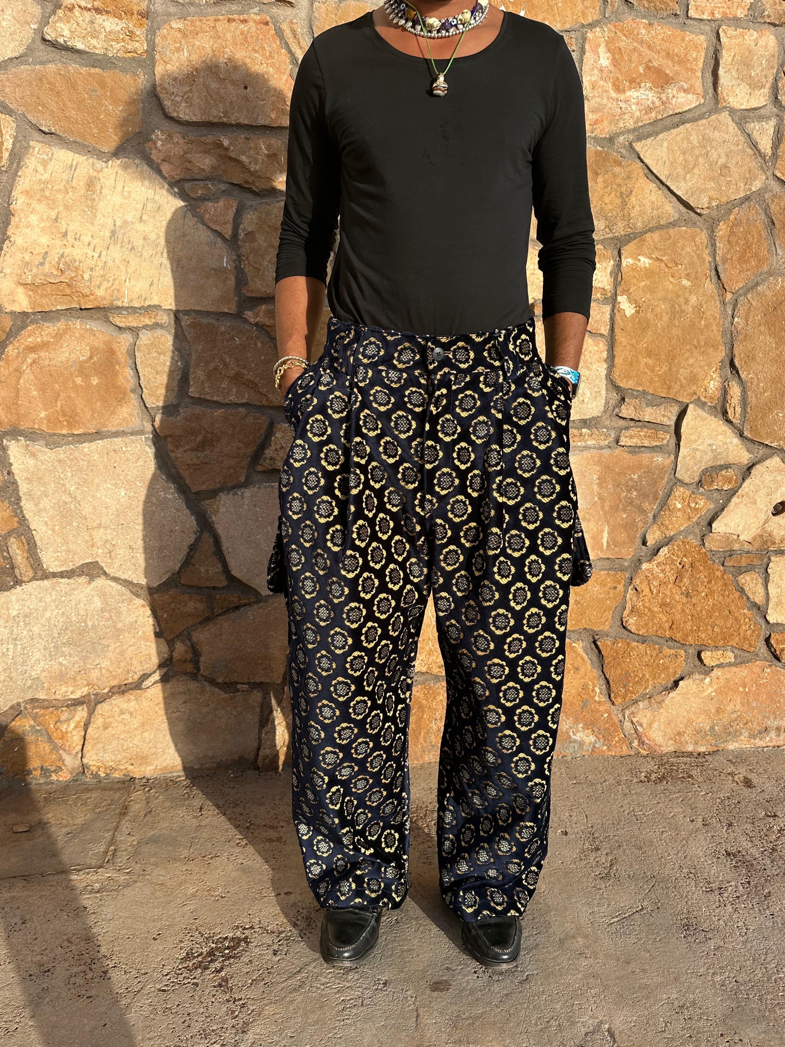 Anouris Original PANT with wide legs with two pockets  side unique dark blue print “Carpet” UNISEX