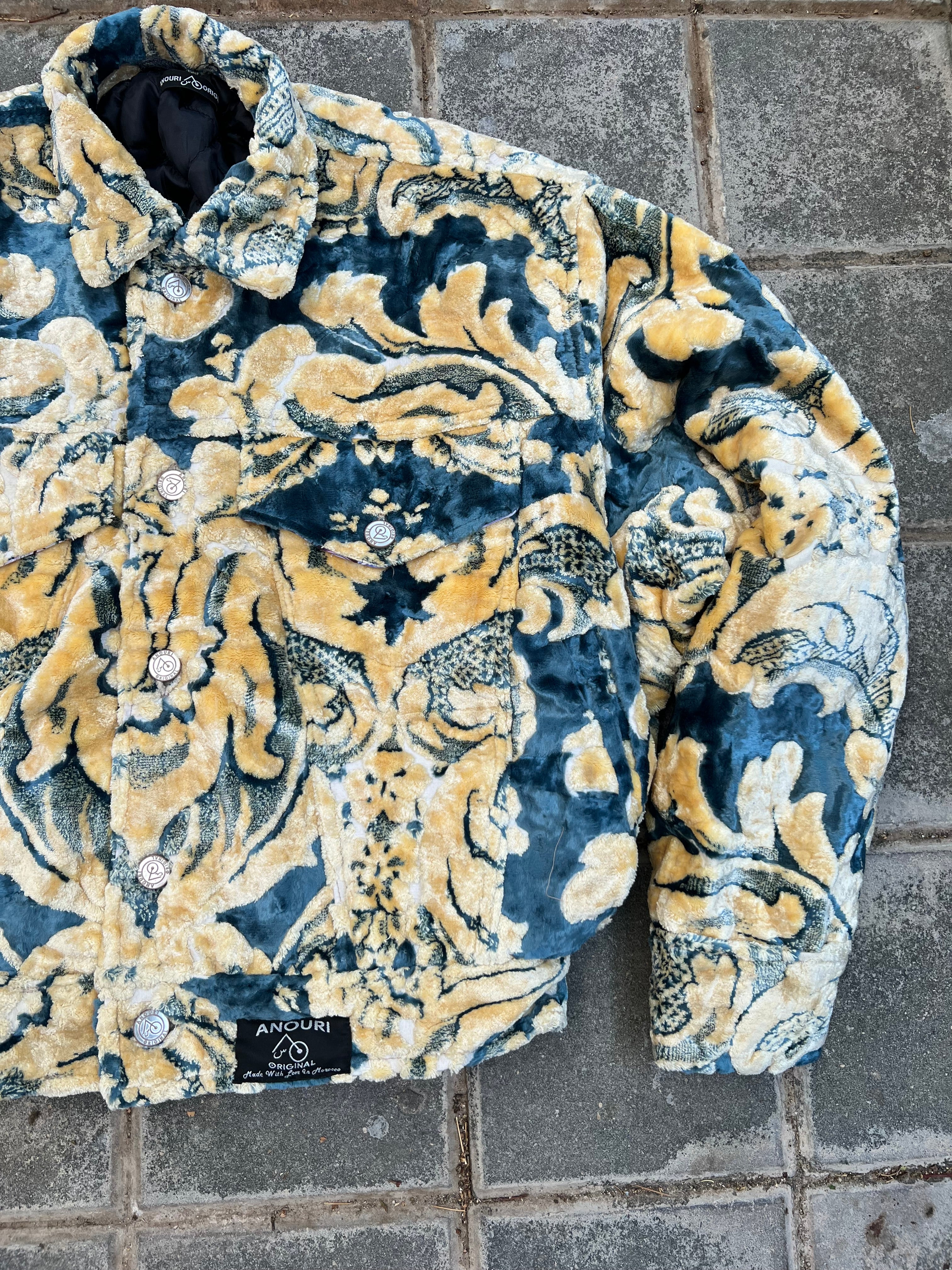 Moroccan hand made with unique yellow and blue color,  carpet Jacket UNISEX