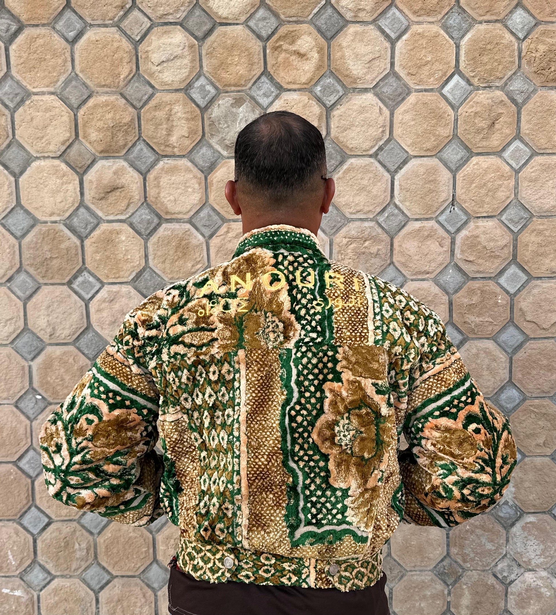 Moroccan hand made green with unique design carpet Jacket UNISEX