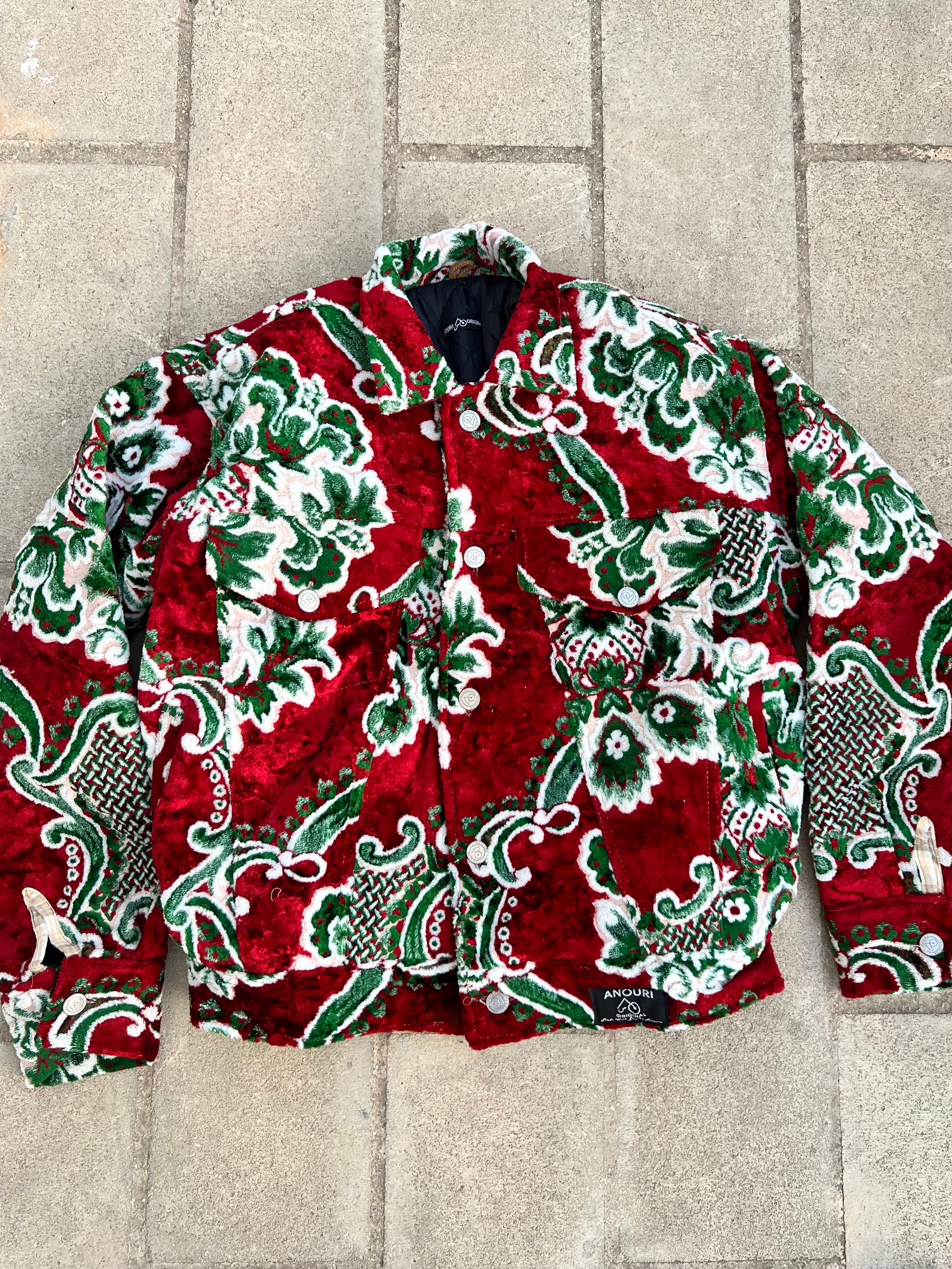 Moroccan hand made with unique design red and green color ,  carpet Jacket UNISEX