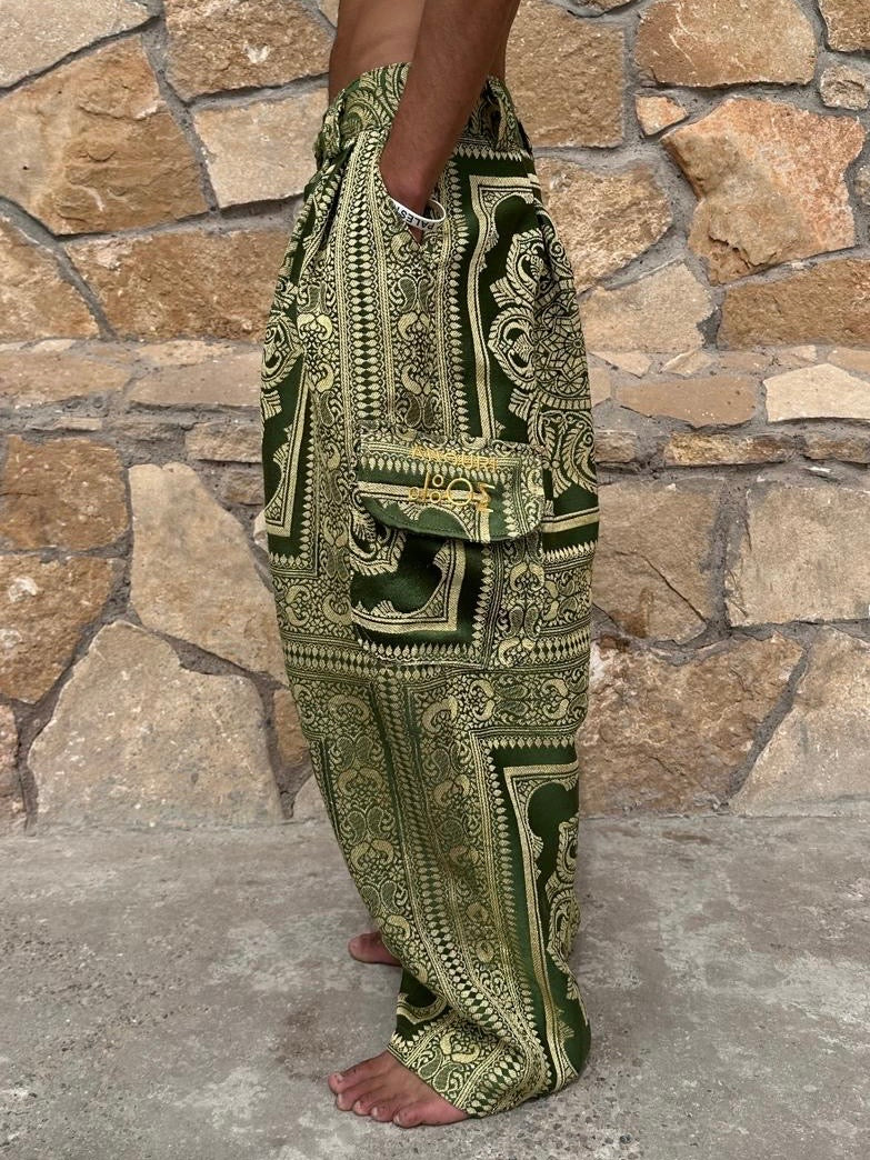 Anouris Original PANT with wide legs with two pockets  side green print “Carpet” UNISEX