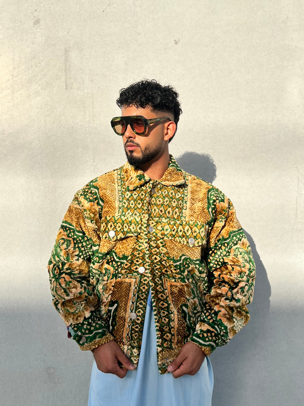 Moroccan hand made with unique green and yellow color,  carpet Jacket UNISEX