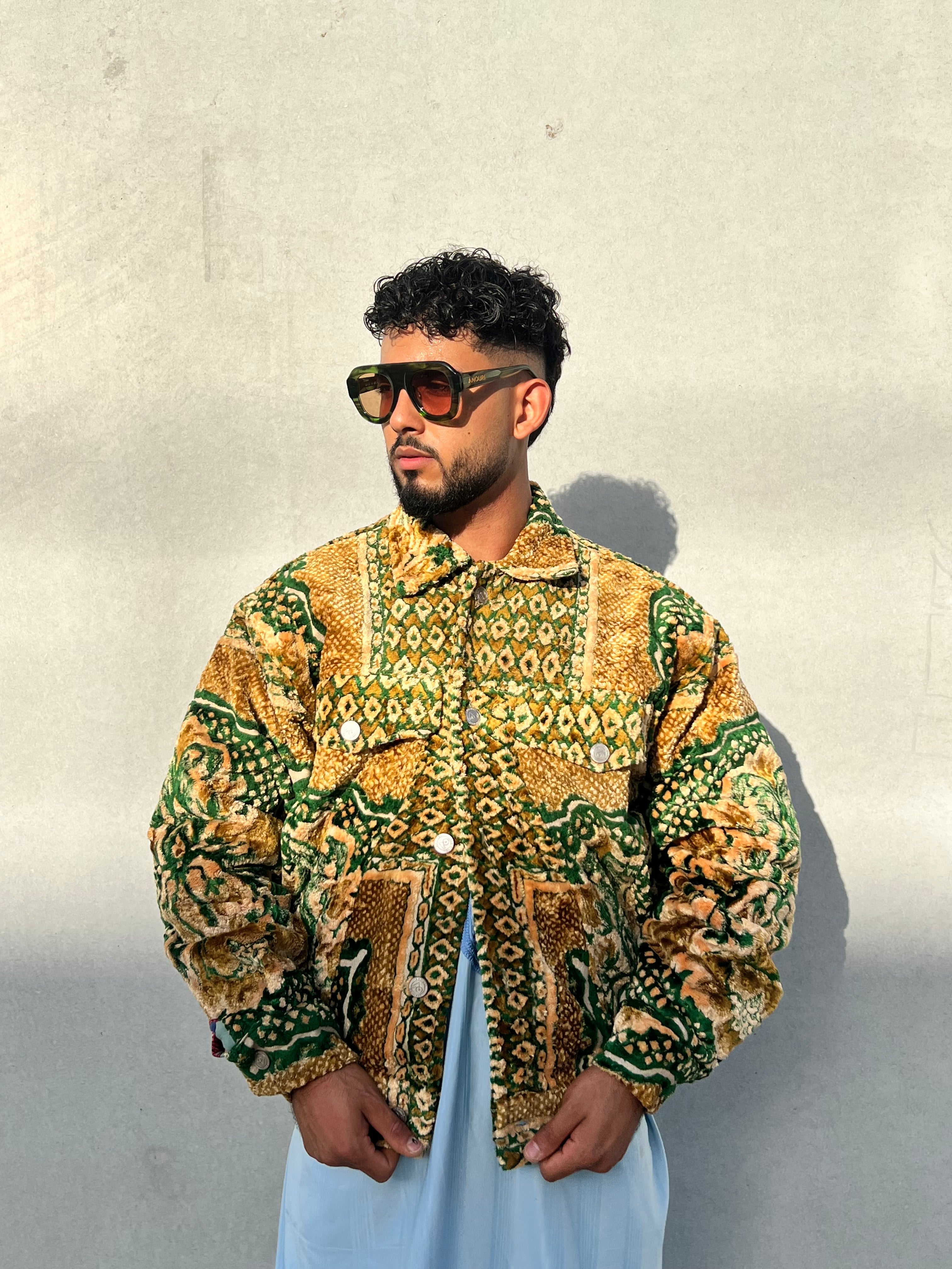 Moroccan hand made with unique green and yellow color,  carpet Jacket UNISEX
