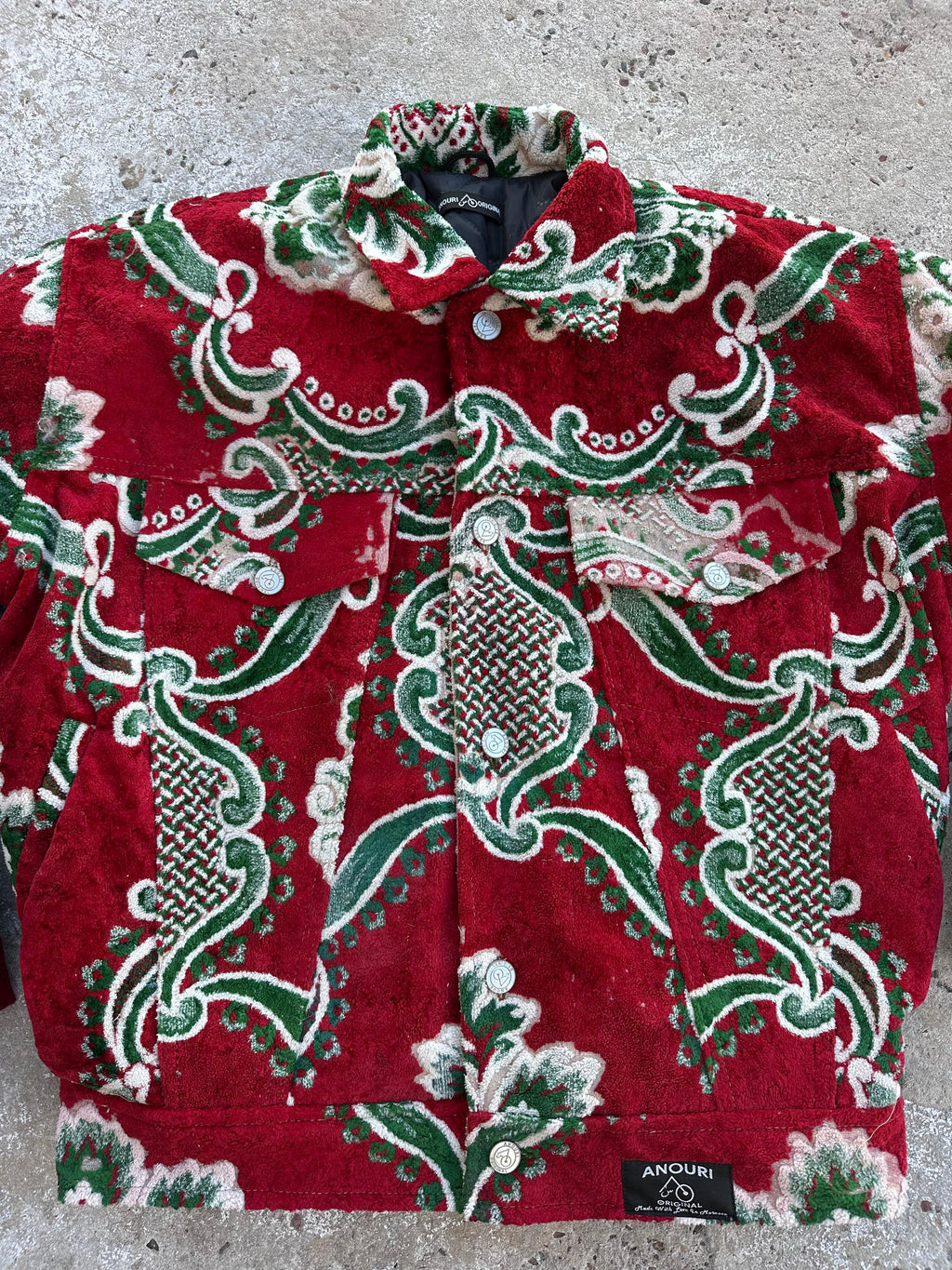 Moroccan hand made with unique red and green  design carpet Jacket UNISEX