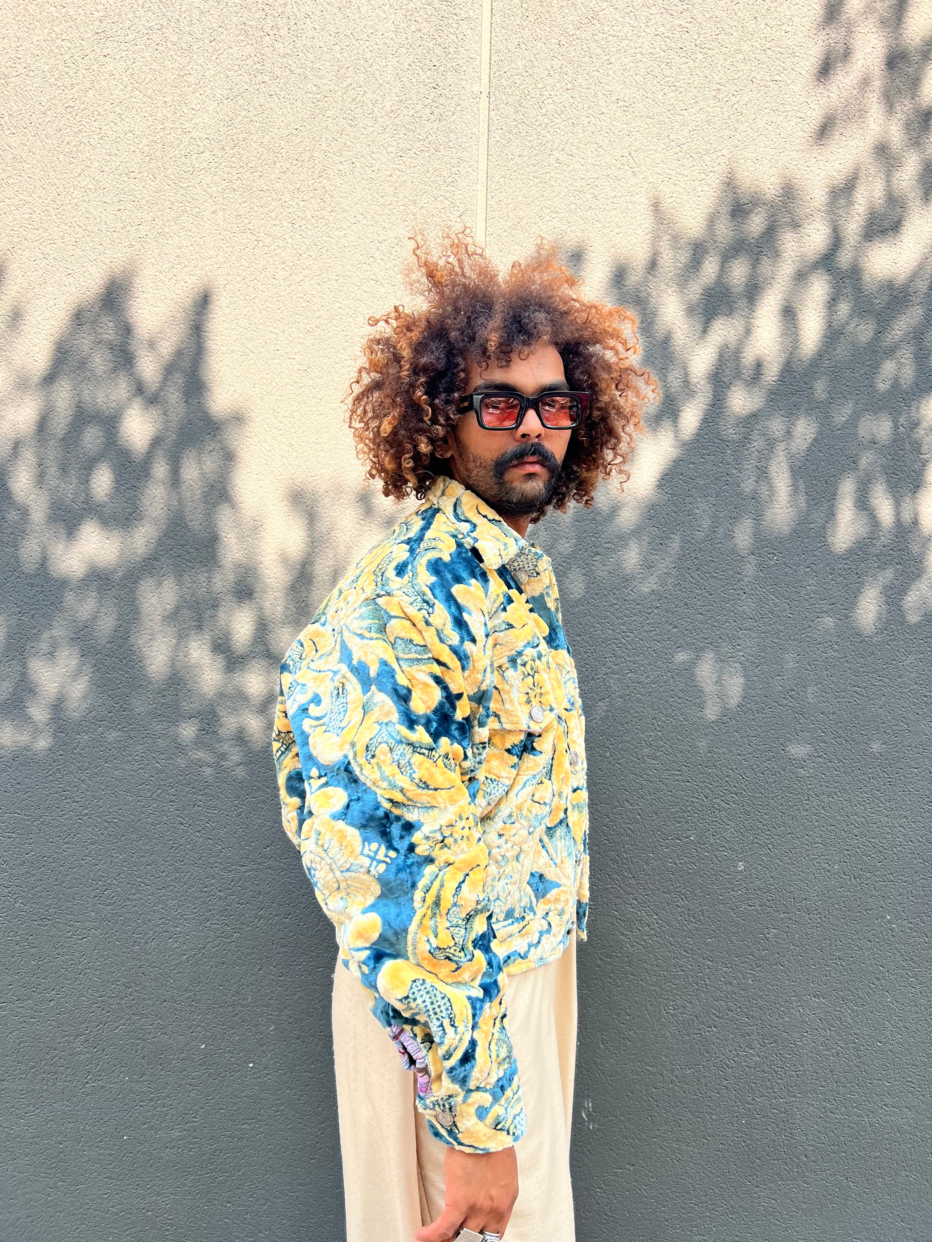 Moroccan hand made with unique yellow and blue color,  carpet Jacket UNISEX