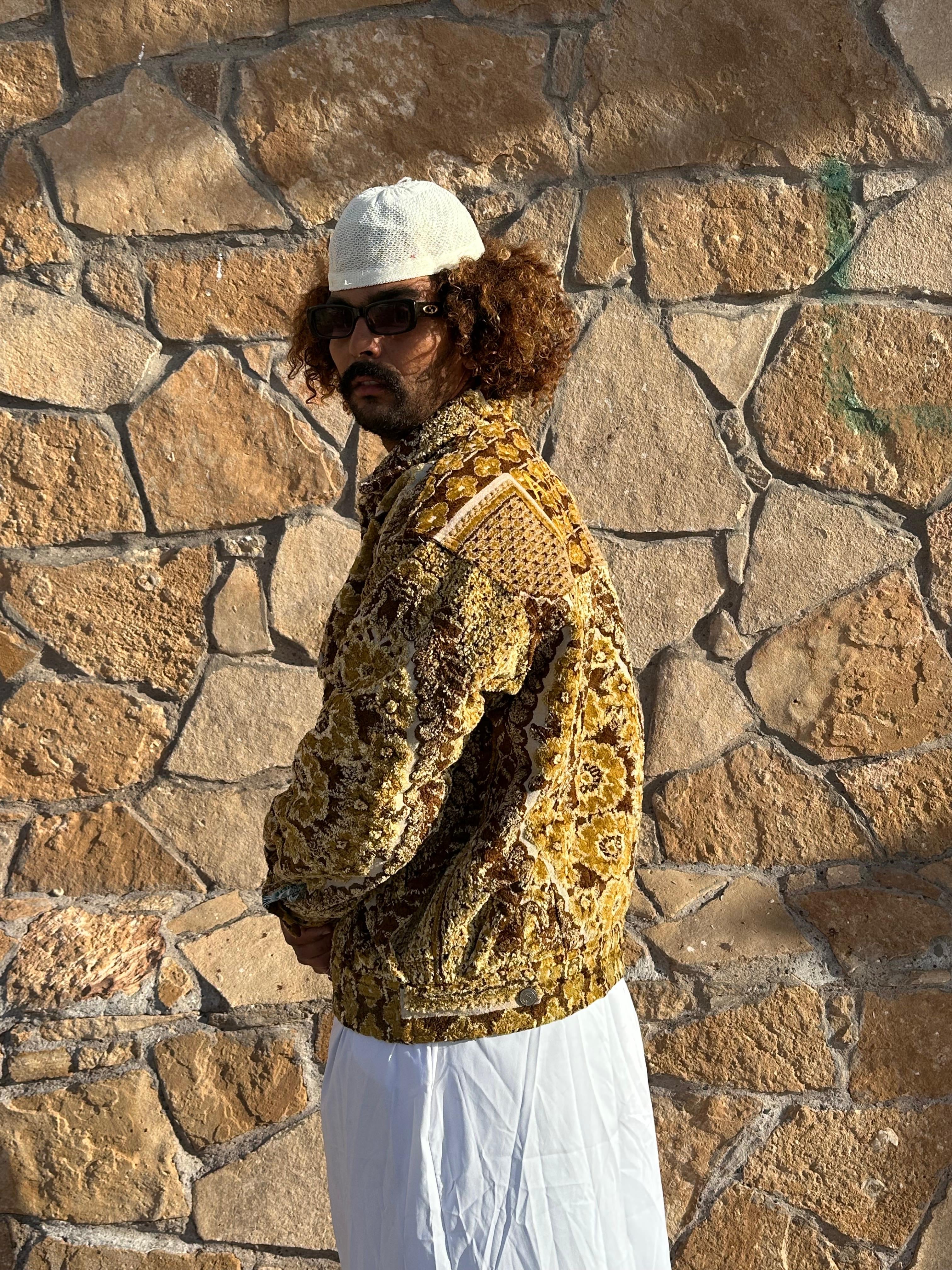 Moroccan hand made with unique yellow and brown design carpet Jacket UNISEX