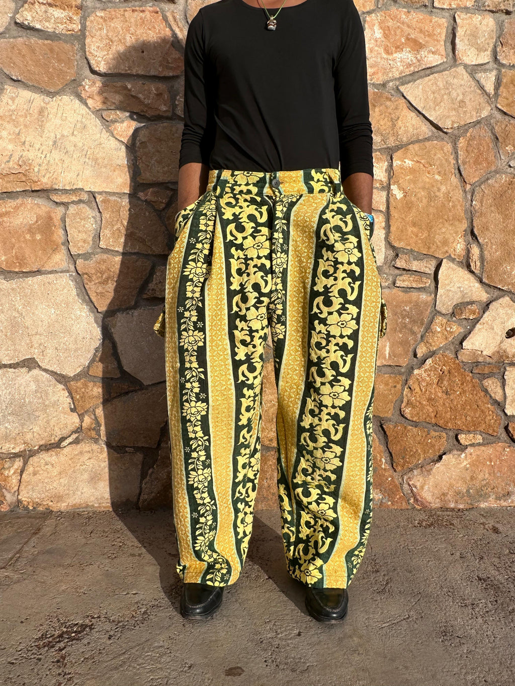 Anouris Original PANT with wide legs with two pockets  side unique light yellow and green print “Carpet” UNISEX