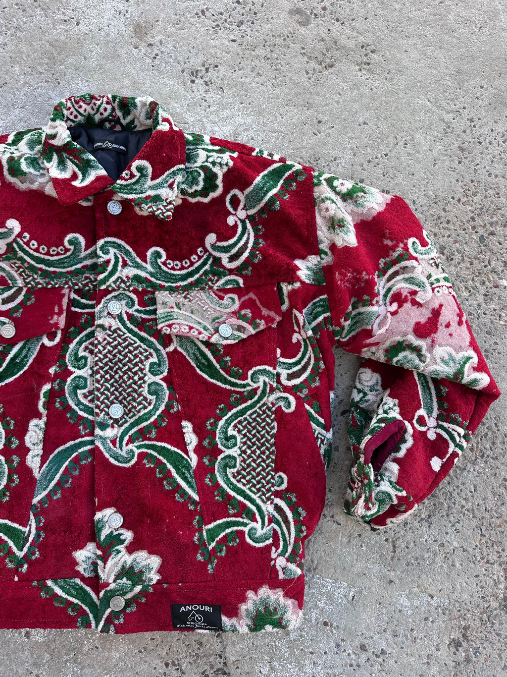Moroccan hand made with unique red and green  design carpet Jacket UNISEX