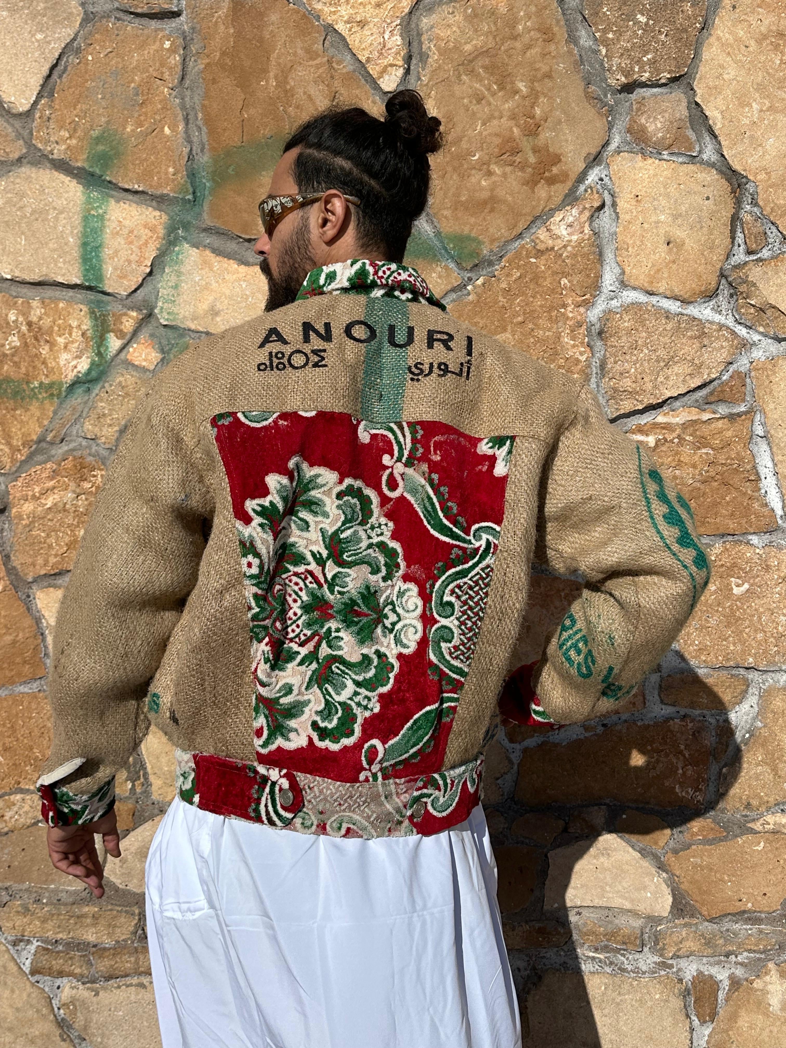 Moroccan hand made green and red burlap Jacket UNISEX