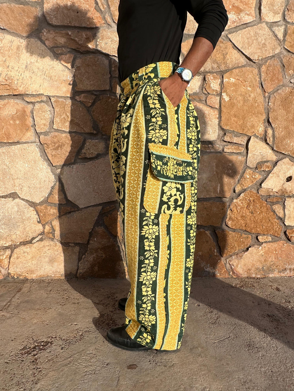 Anouris Original PANT with wide legs with two pockets  side unique light yellow and green print “Carpet” UNISEX