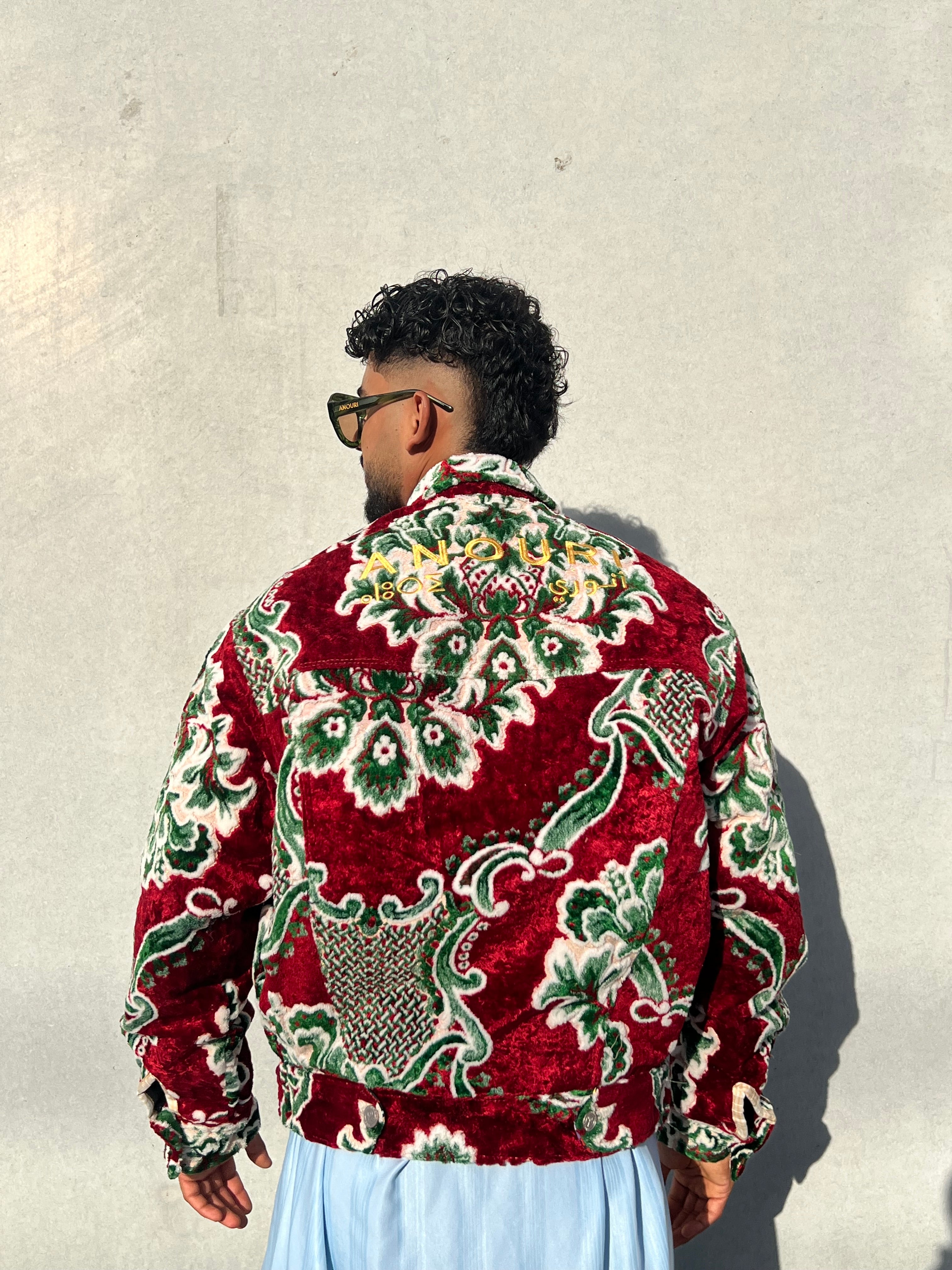 Moroccan hand made with unique design red and green color ,  carpet Jacket UNISEX