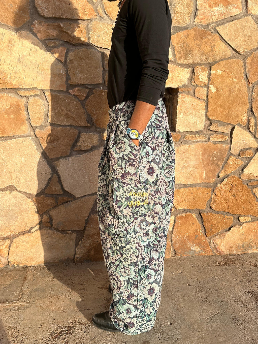Anouris Original PANT with wide legs with two pockets  side unique carpet blue flower print “Carpet” UNISEX