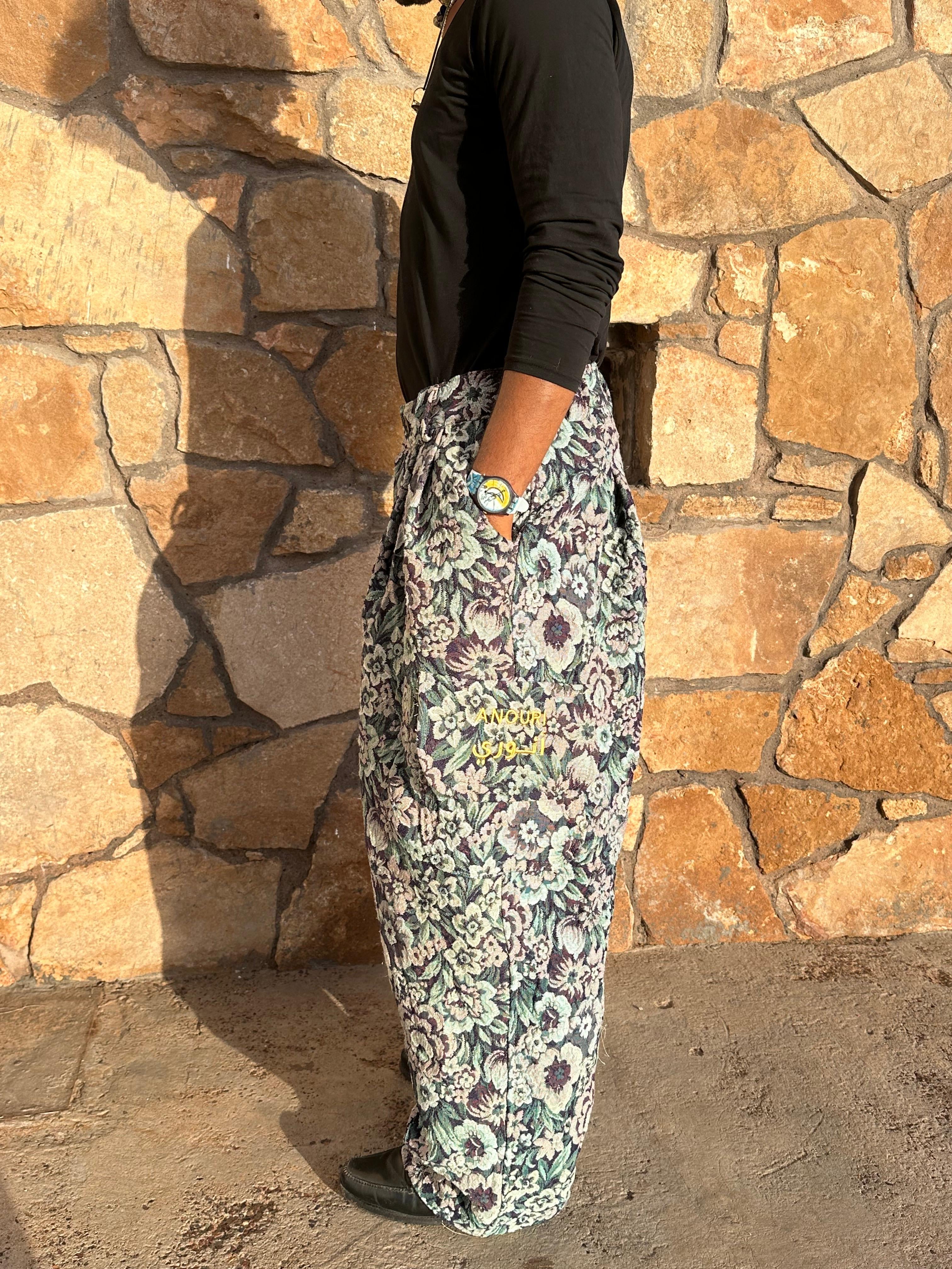 Anouris Original PANT with wide legs with two pockets  side unique carpet blue flower print “Carpet” UNISEX