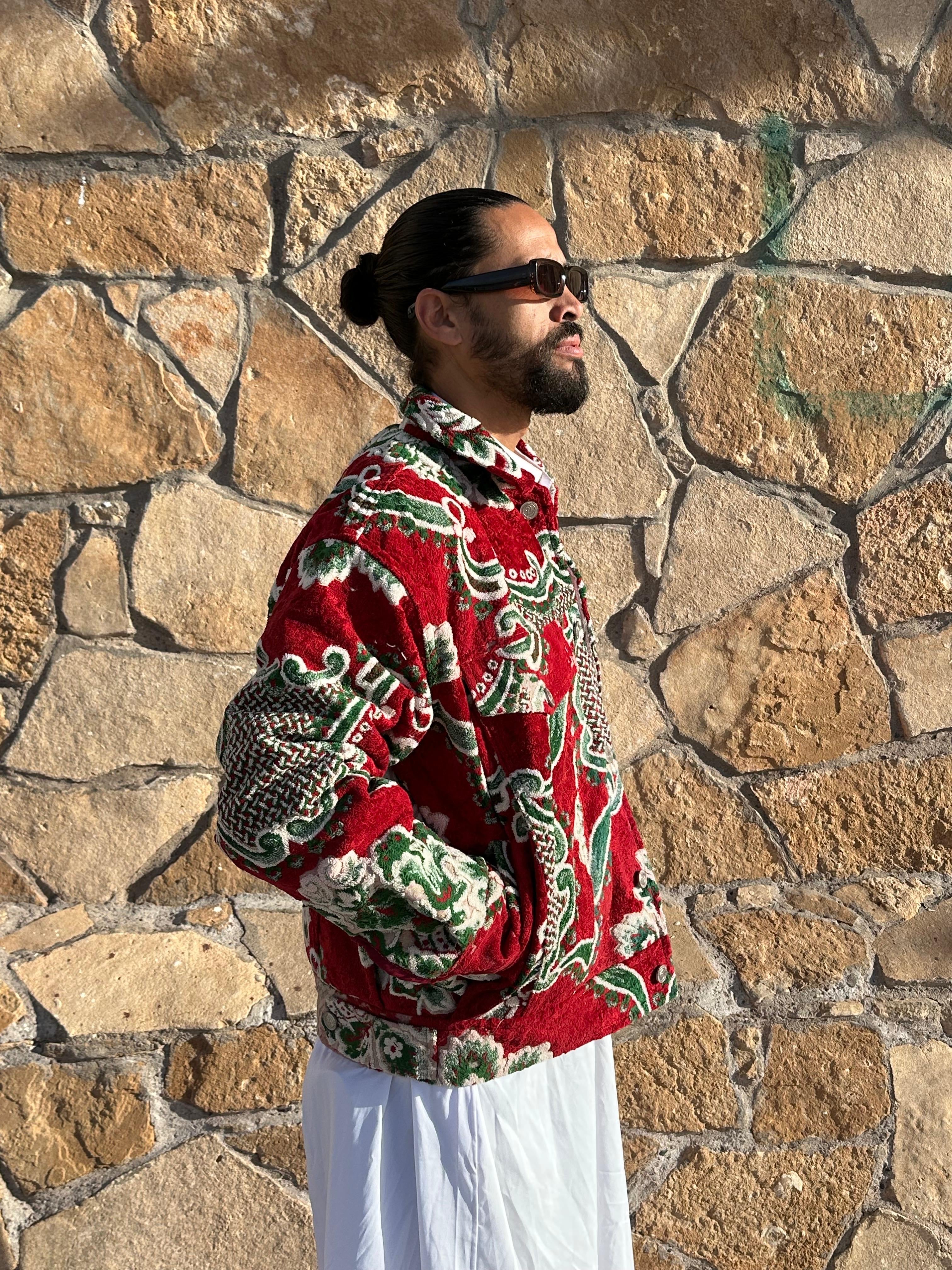 Moroccan hand made with unique red and green  design carpet Jacket UNISEX