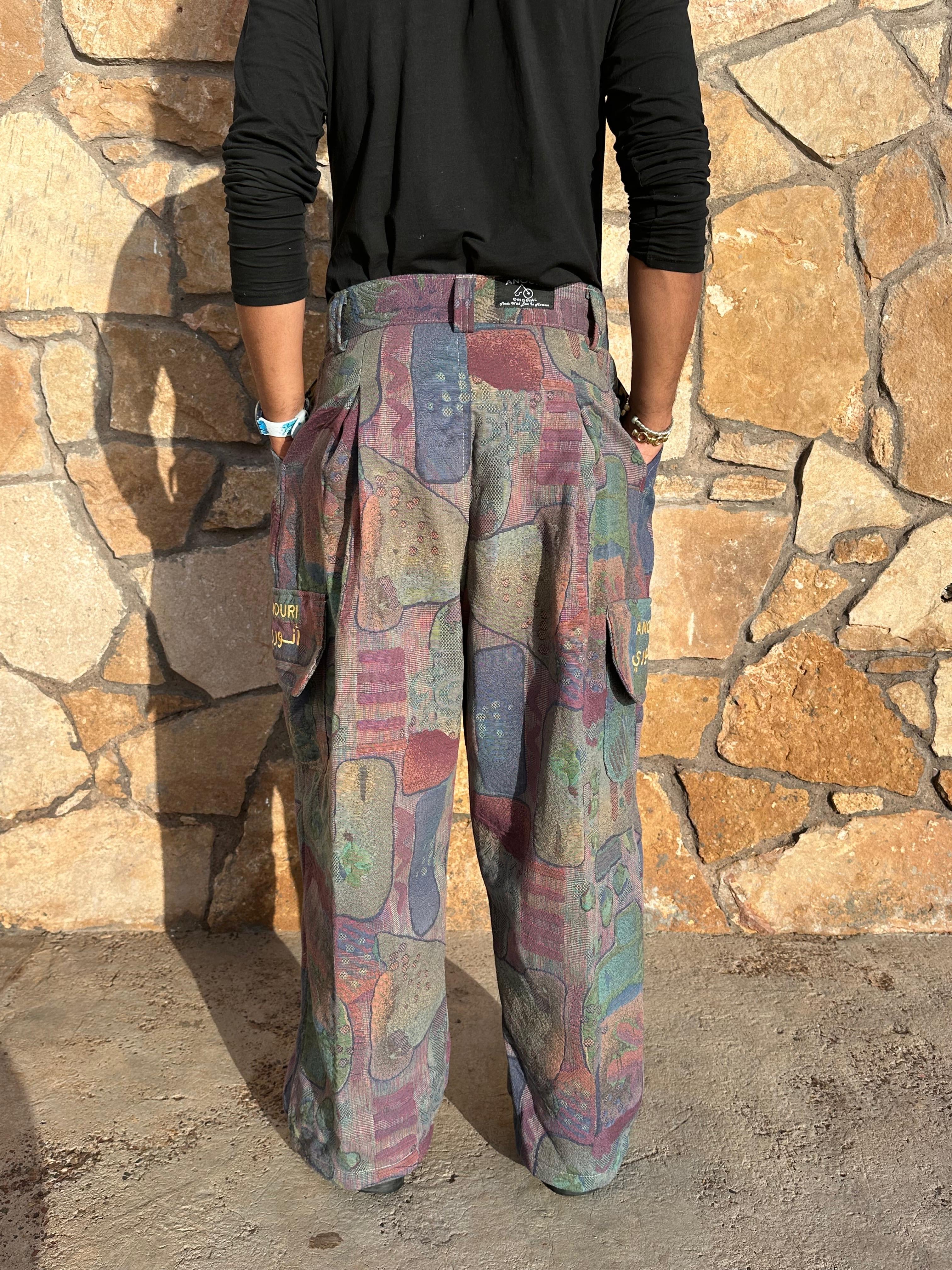 Anouris Original PANT with wide legs with two pockets  side unique light colorful print “Carpet” UNISEX
