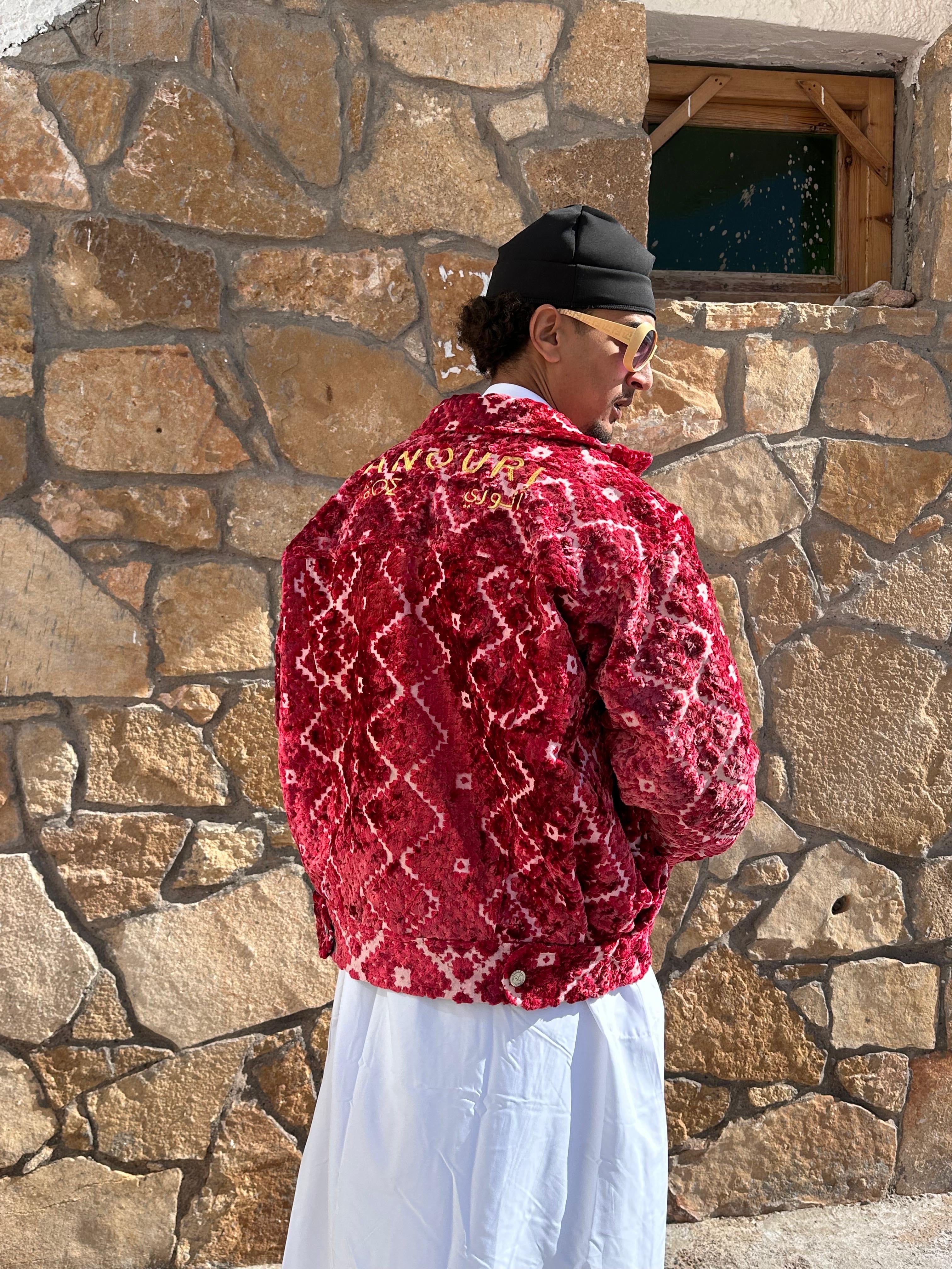 Moroccan hand made with unique unique red color,  carpet Jacket UNISEX