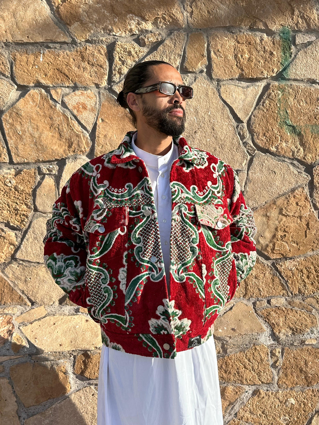 Moroccan hand made with unique red and green  design carpet Jacket UNISEX