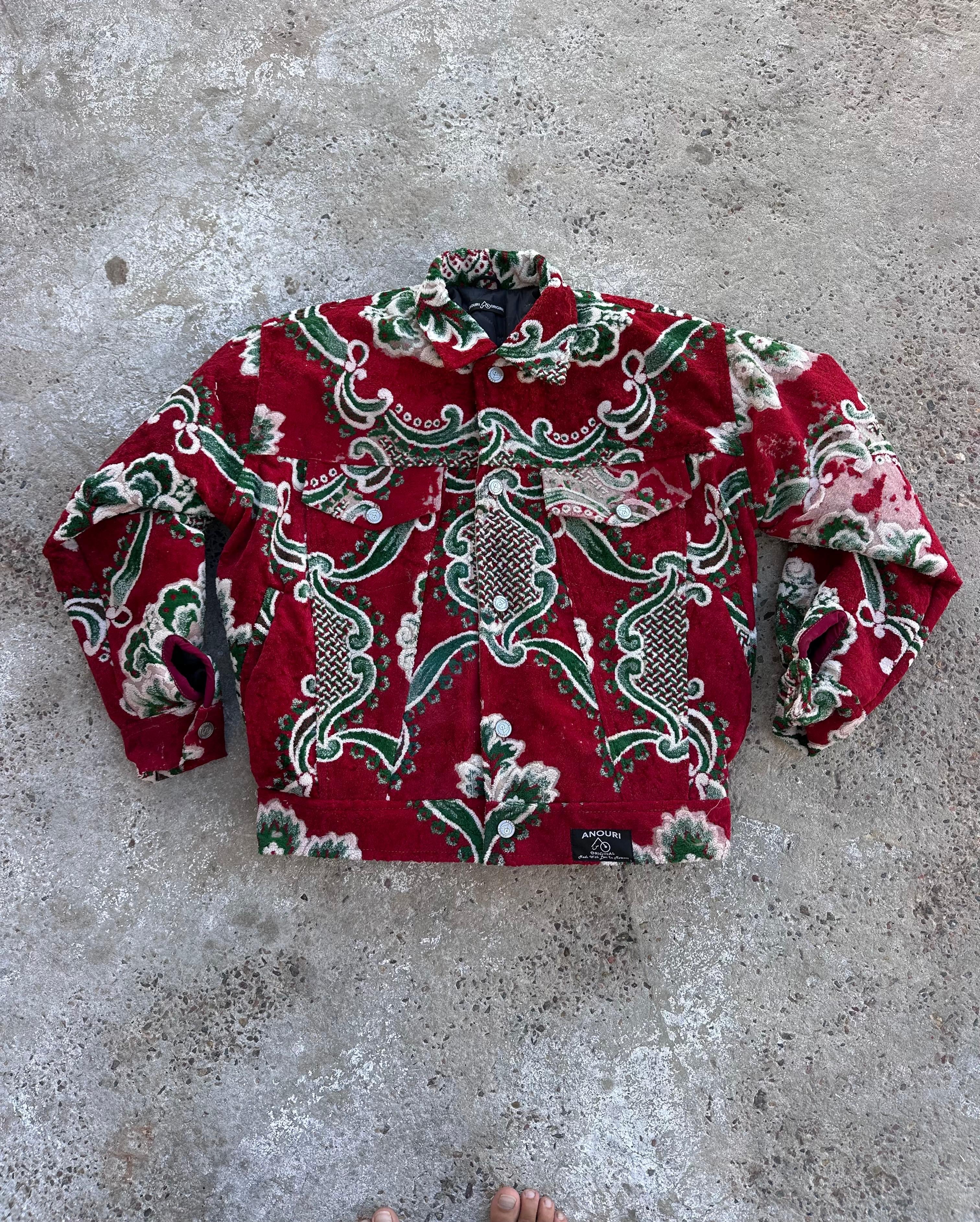 Moroccan hand made with unique red and green  design carpet Jacket UNISEX