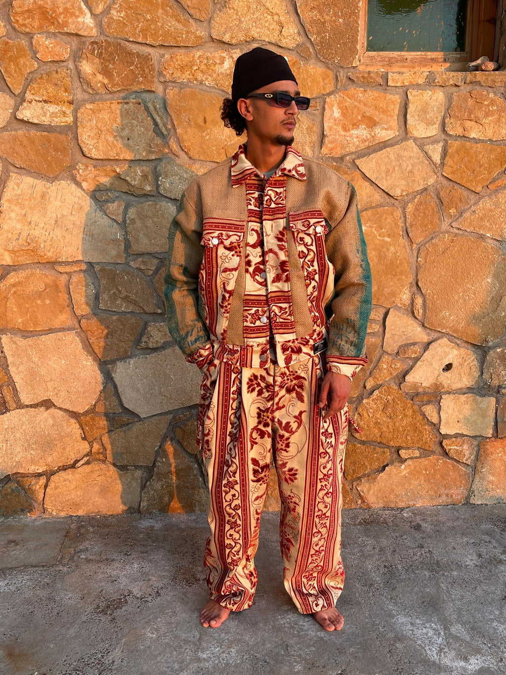 Moroccan hand made unique red Carpet and burlap set UNISEX