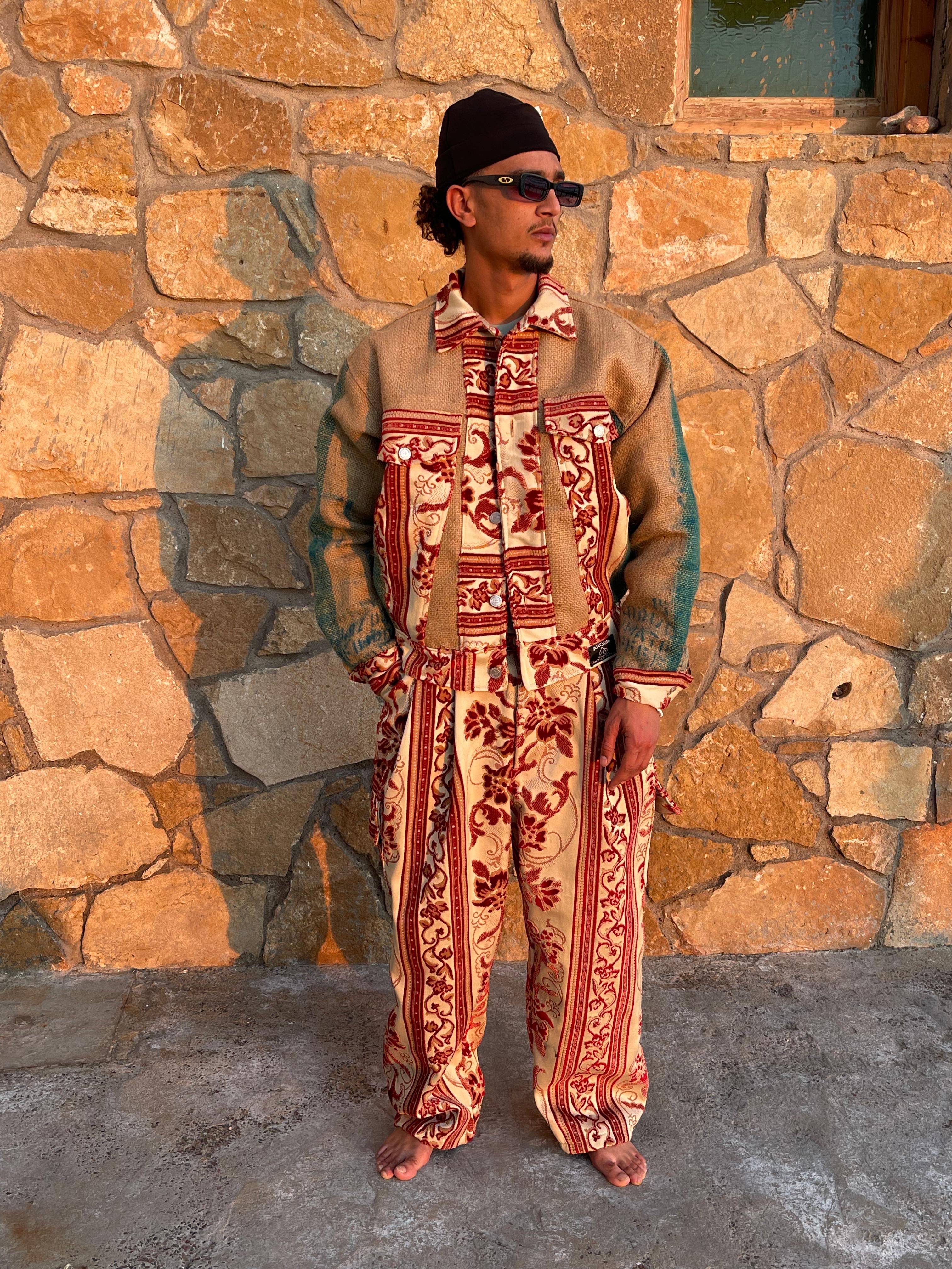 Moroccan hand made unique red Carpet and burlap set UNISEX