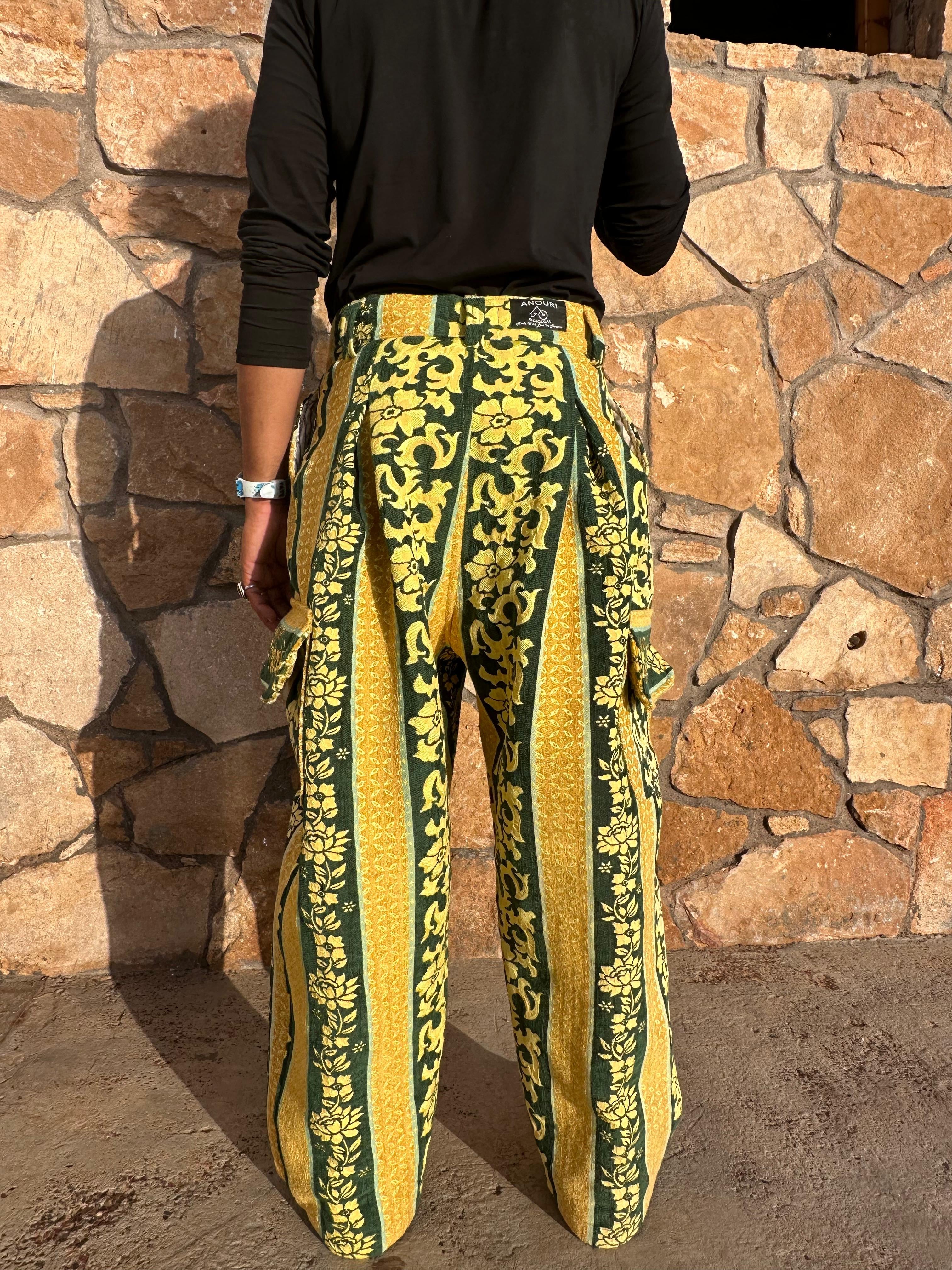 Anouris Original PANT with wide legs with two pockets  side unique light yellow and green print “Carpet” UNISEX