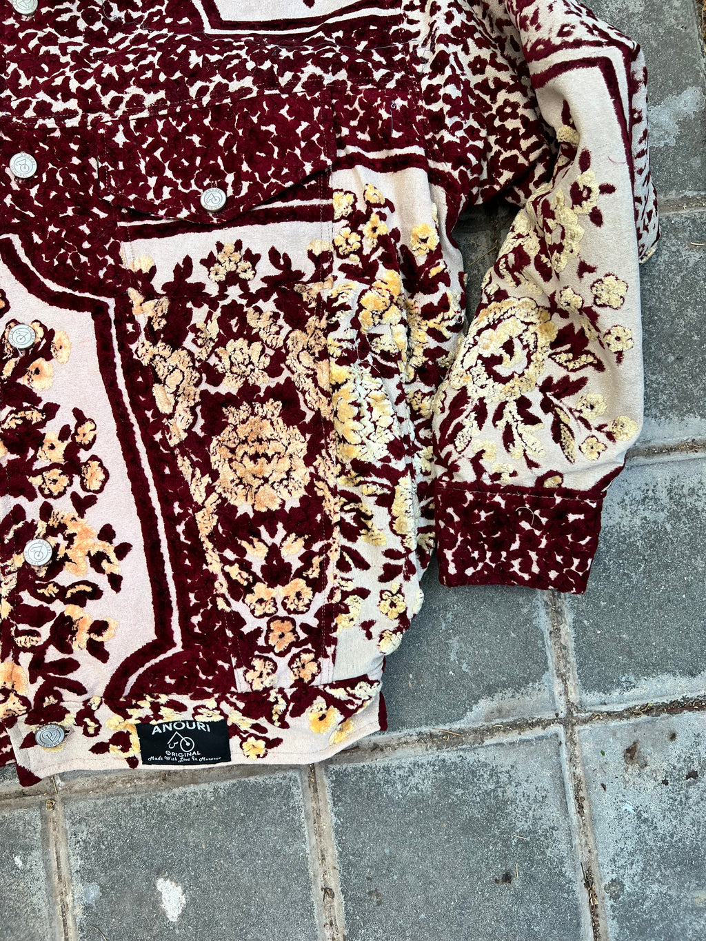 Moroccan hand made with unique red and yellow design ,  carpet Jacket UNISEX