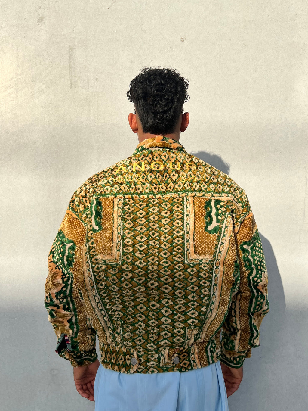 Moroccan hand made with unique green and yellow color,  carpet Jacket UNISEX