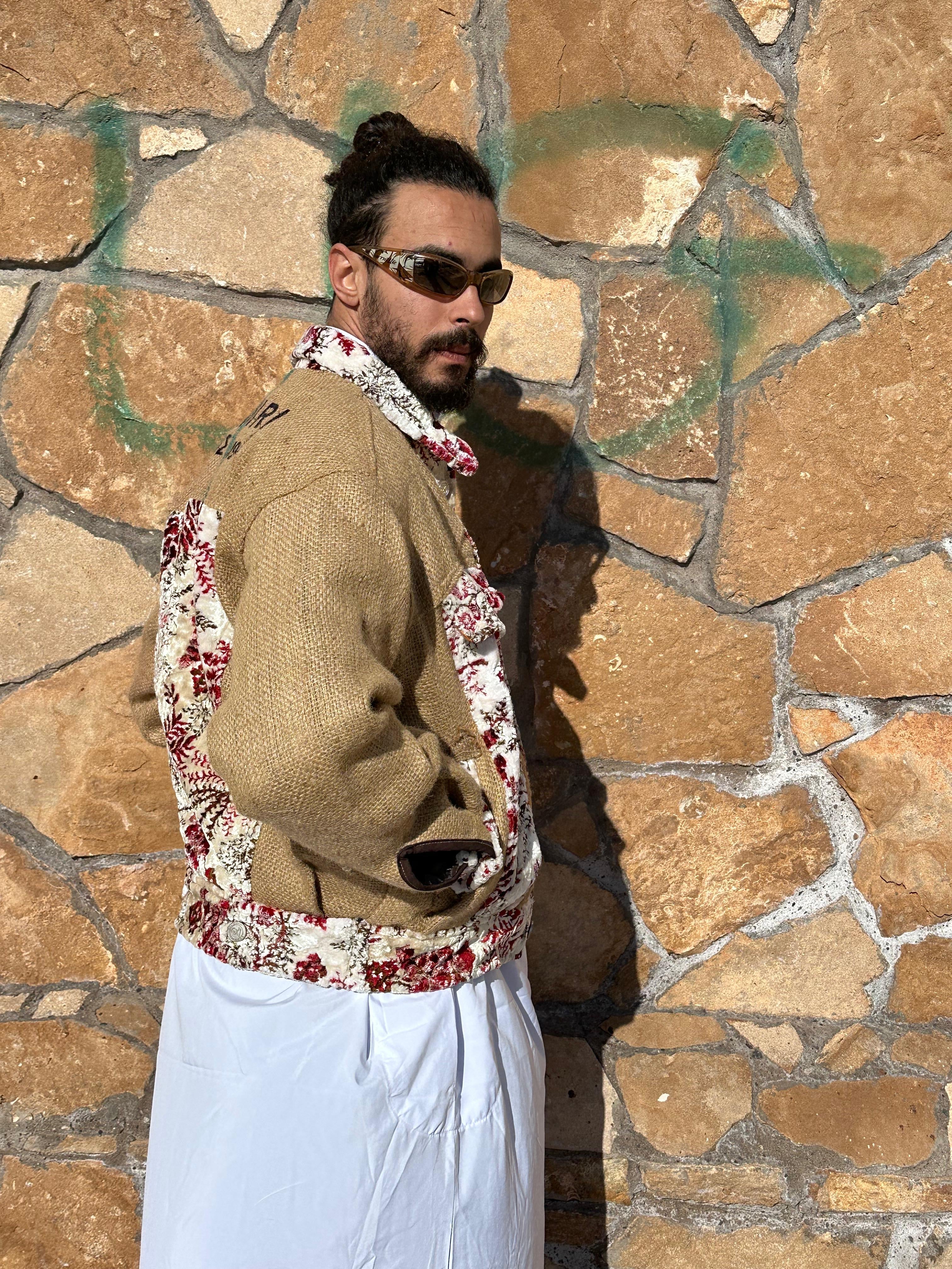 Moroccan hand made white and red burlap Jacket UNISEX