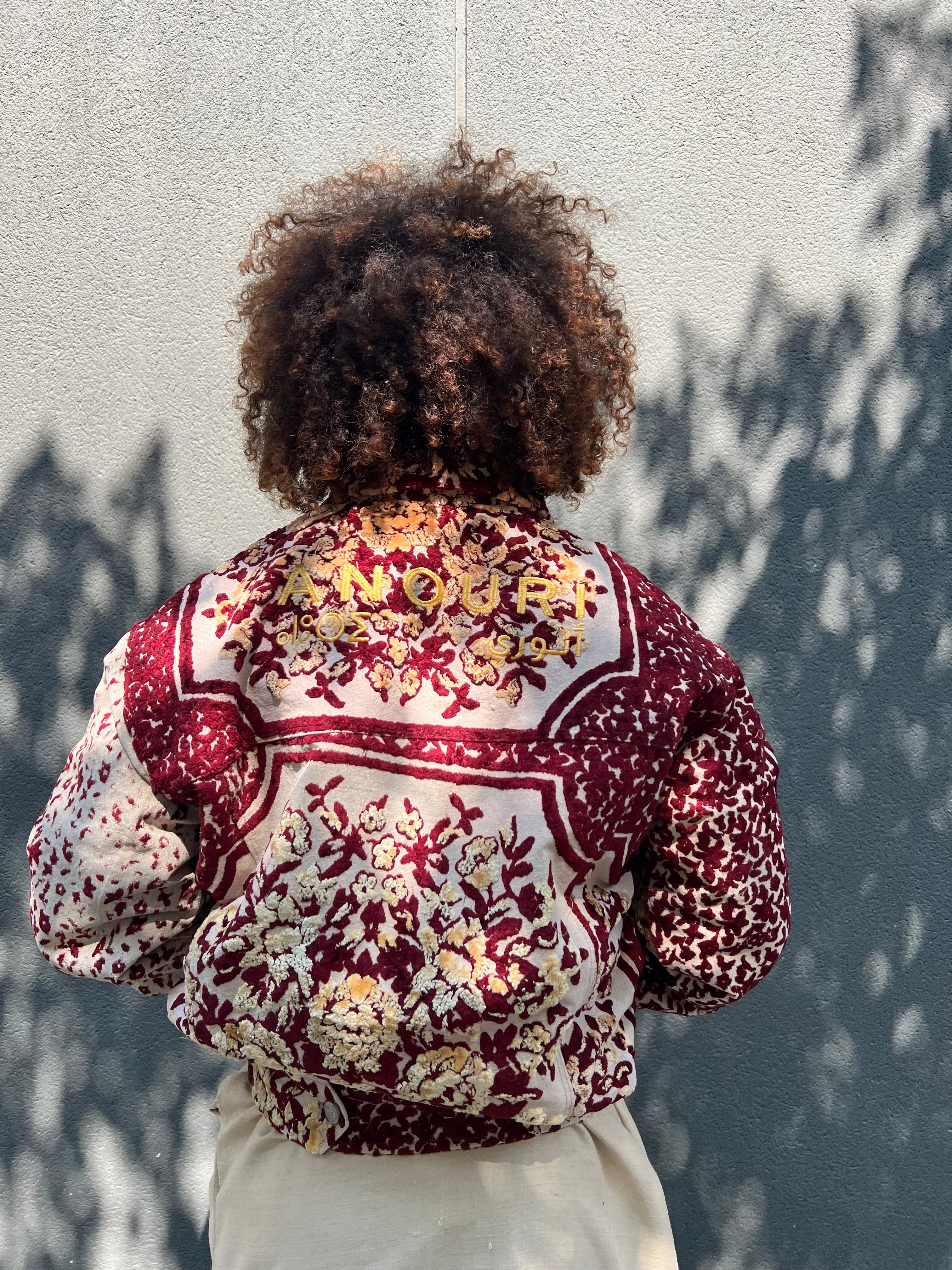 Moroccan hand made with unique red and yellow design ,  carpet Jacket UNISEX