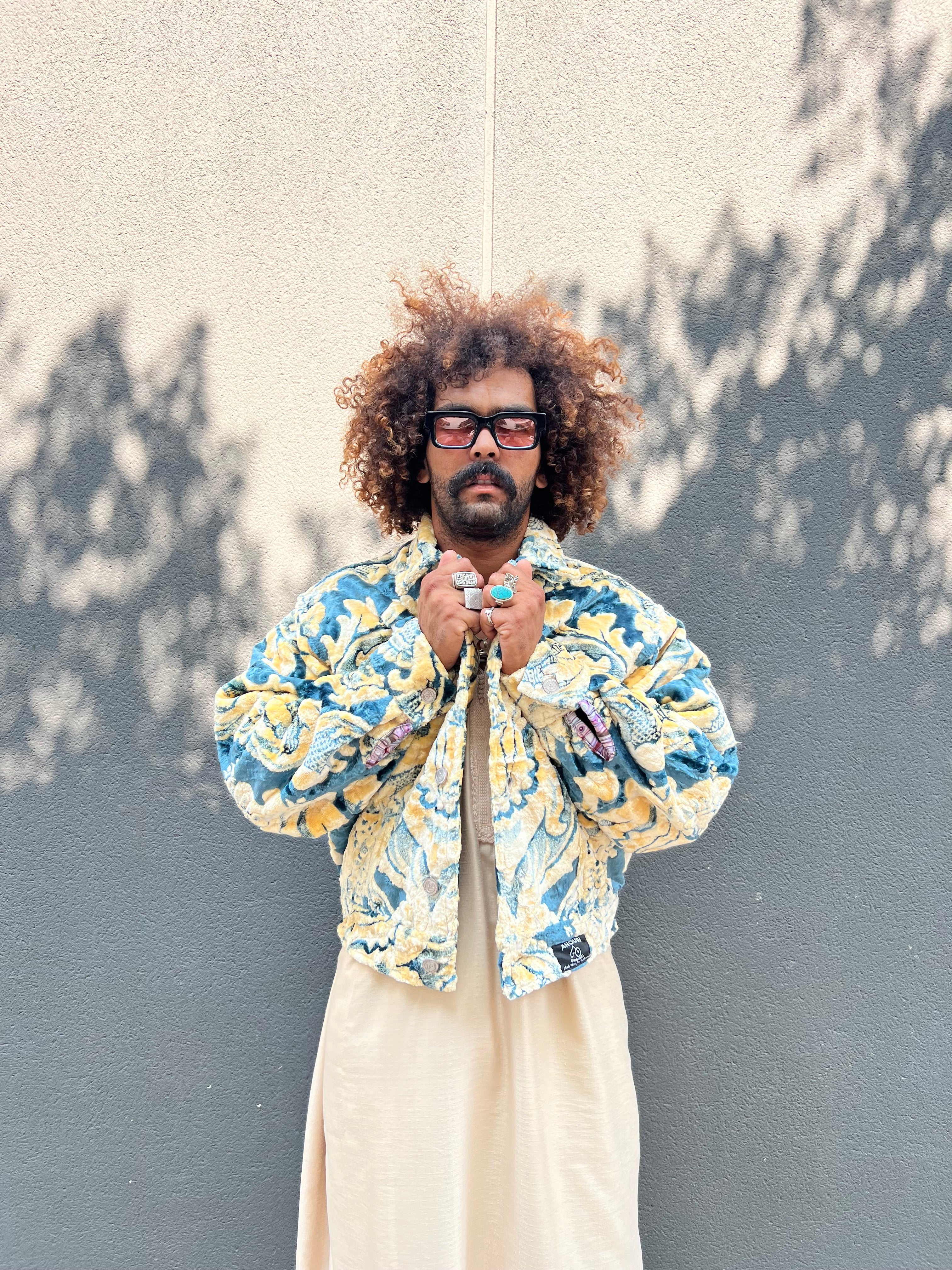 Moroccan hand made with unique yellow and blue color,  carpet Jacket UNISEX