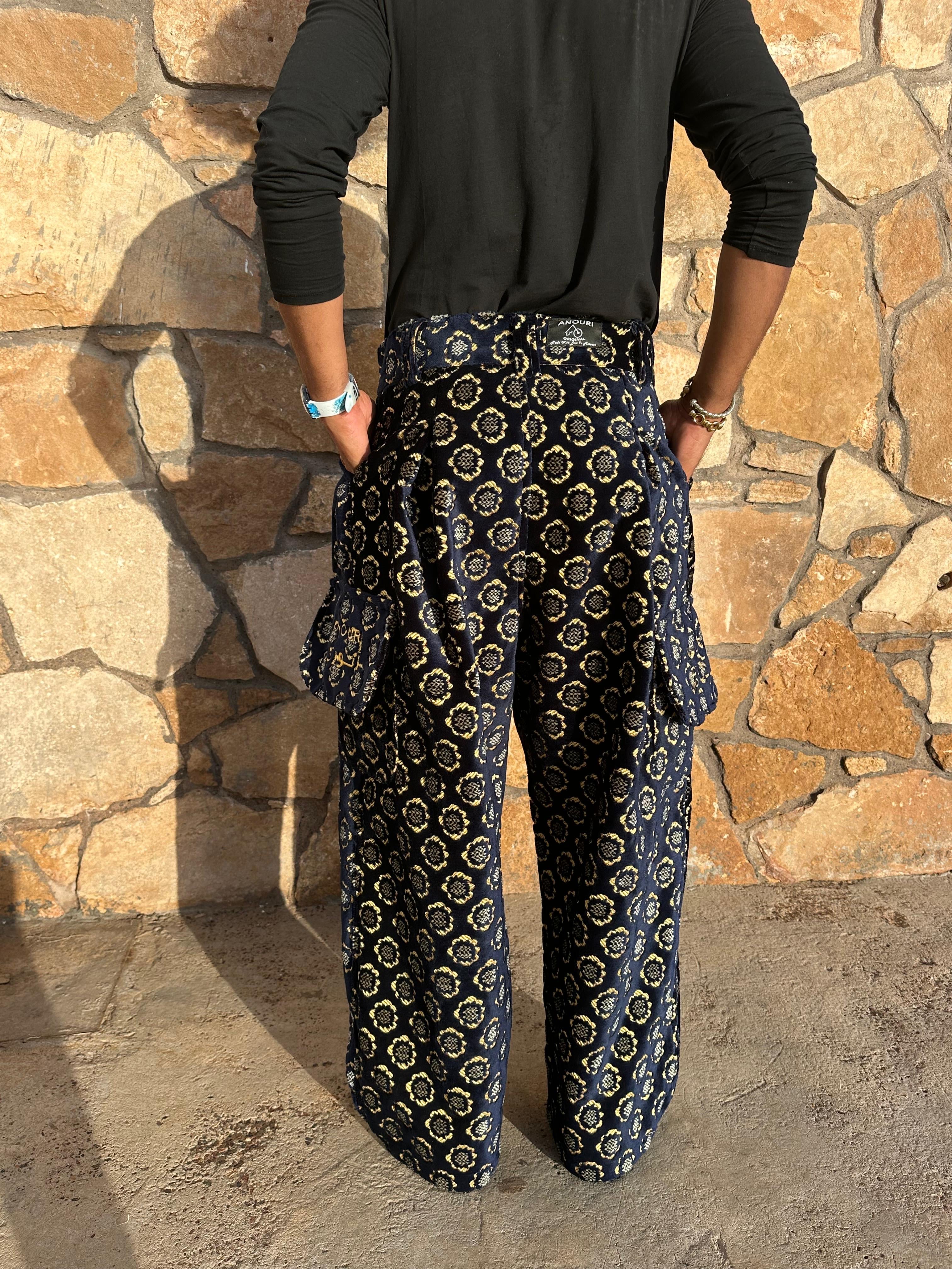 Anouris Original PANT with wide legs with two pockets  side unique dark blue print “Carpet” UNISEX