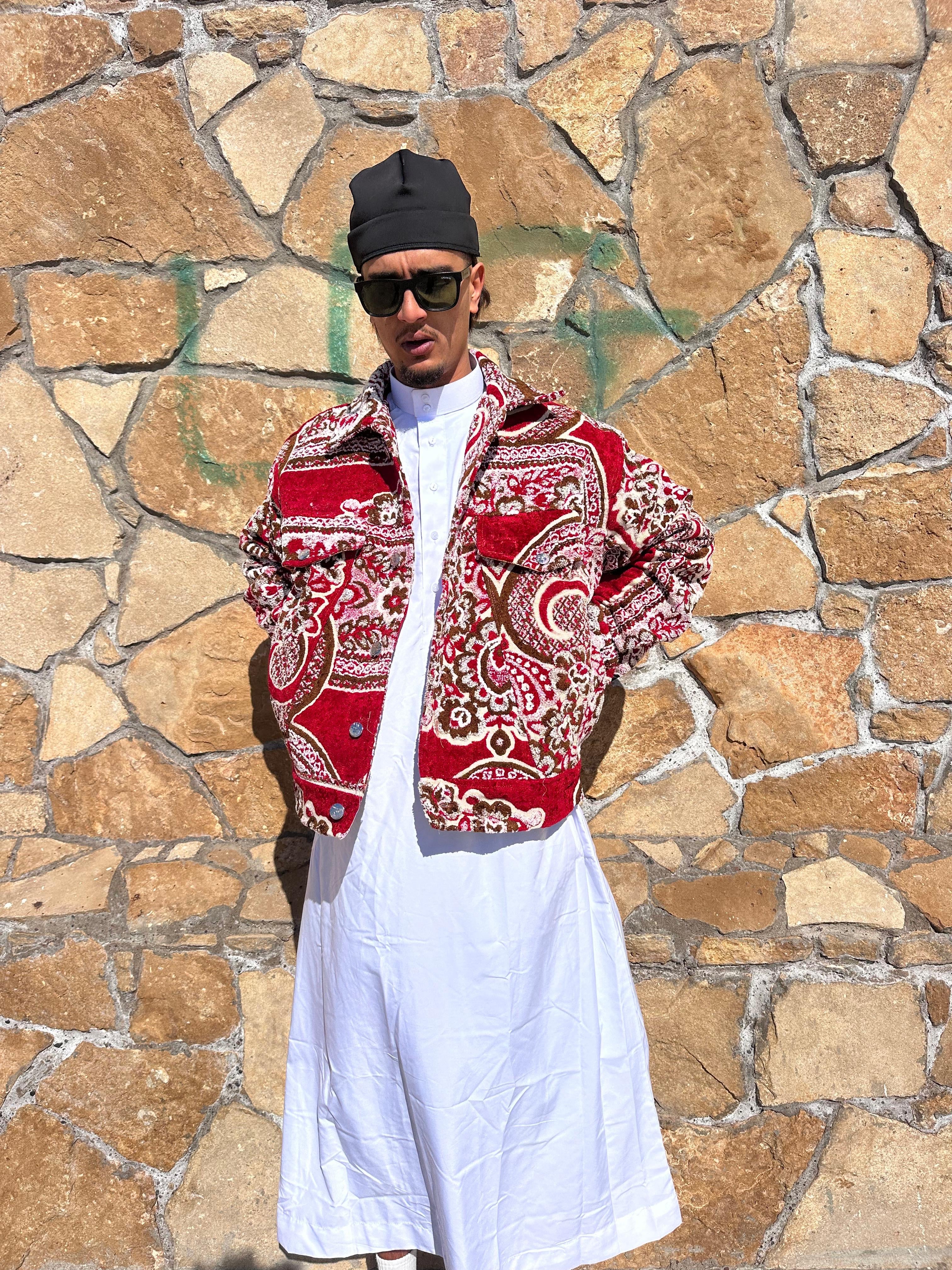 Moroccan hand made with unique red color,  carpet Jacket UNISEX