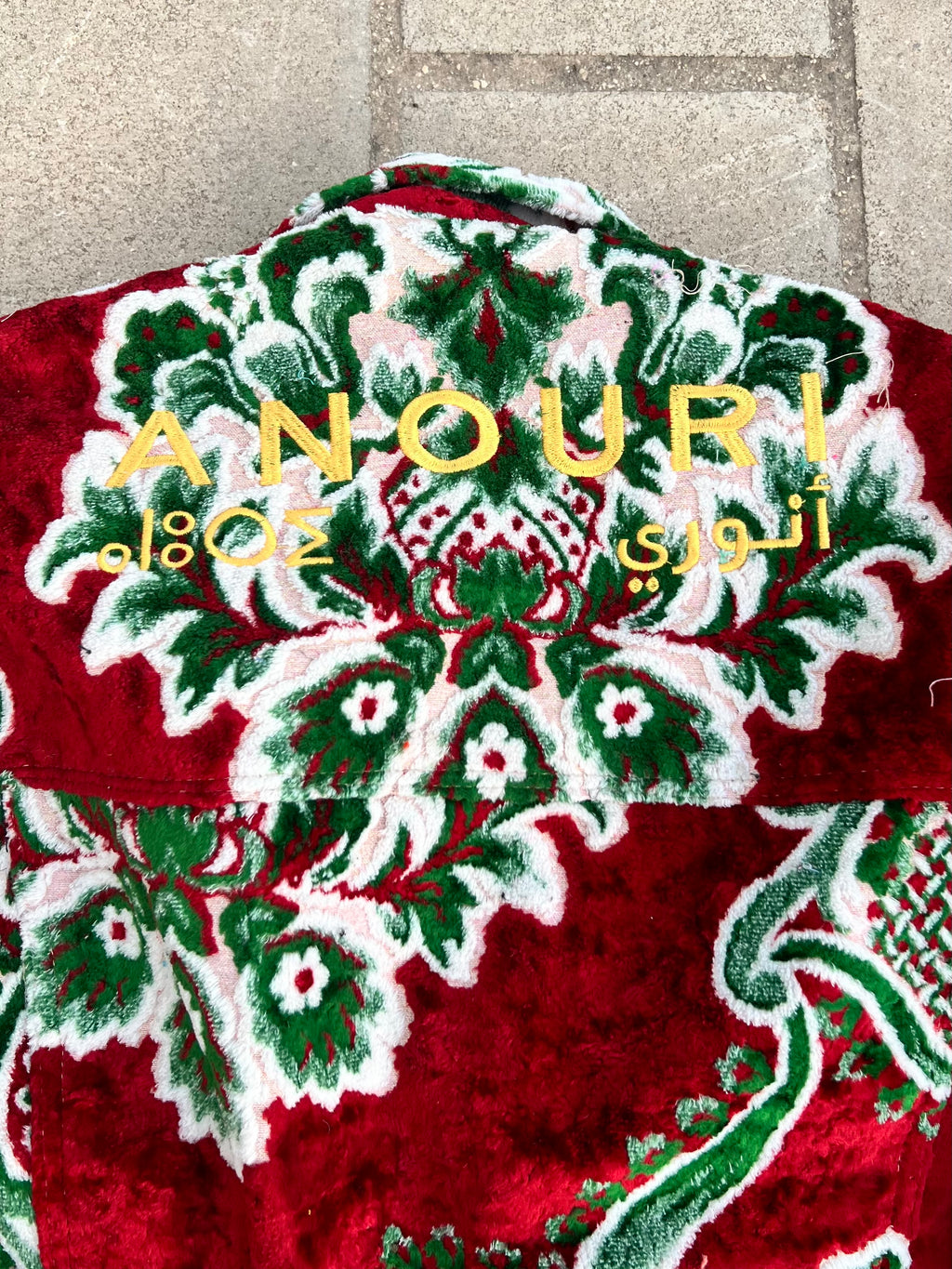 Moroccan hand made with unique design red and green color ,  carpet Jacket UNISEX