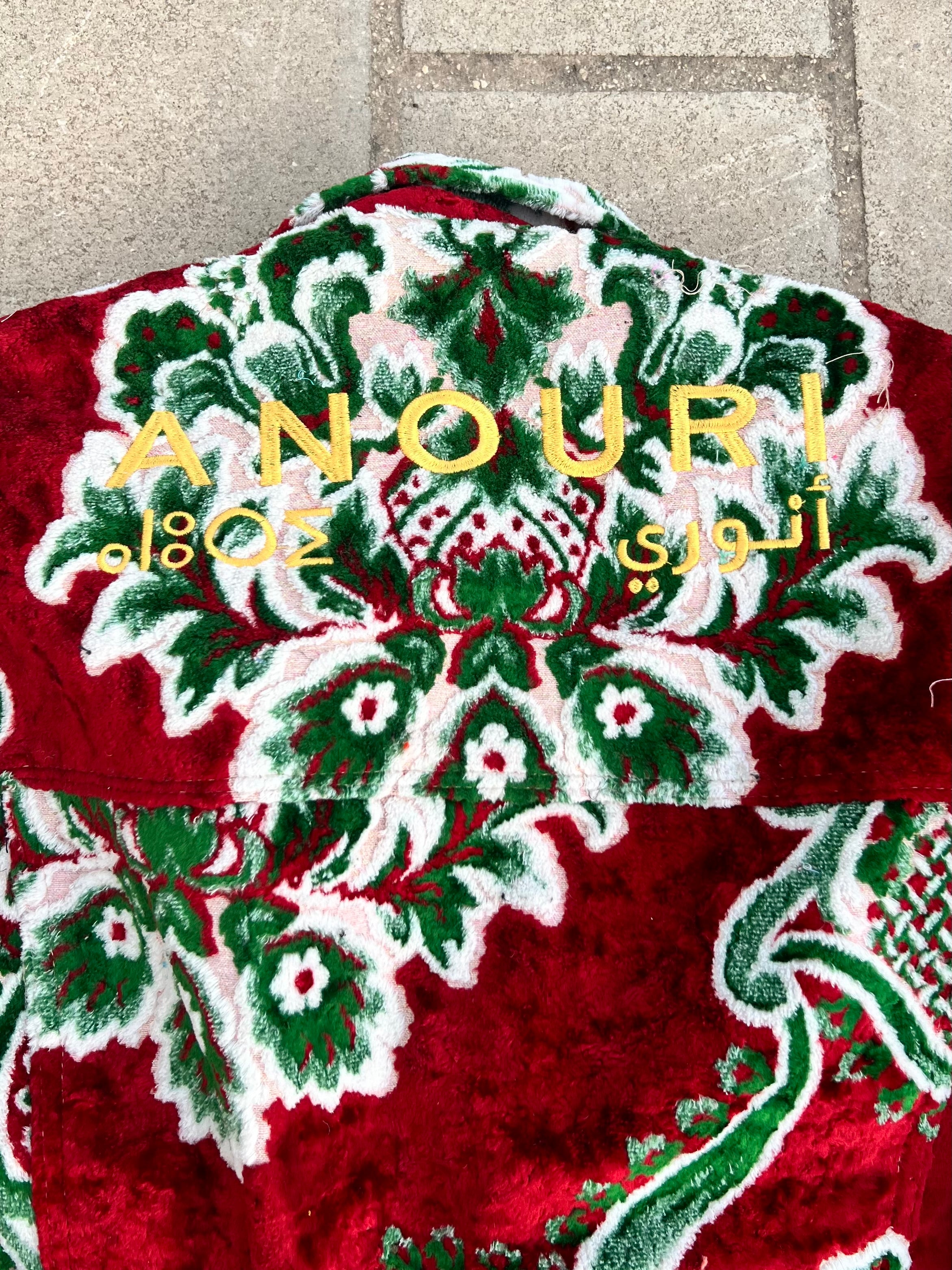 Moroccan hand made with unique design red and green color ,  carpet Jacket UNISEX