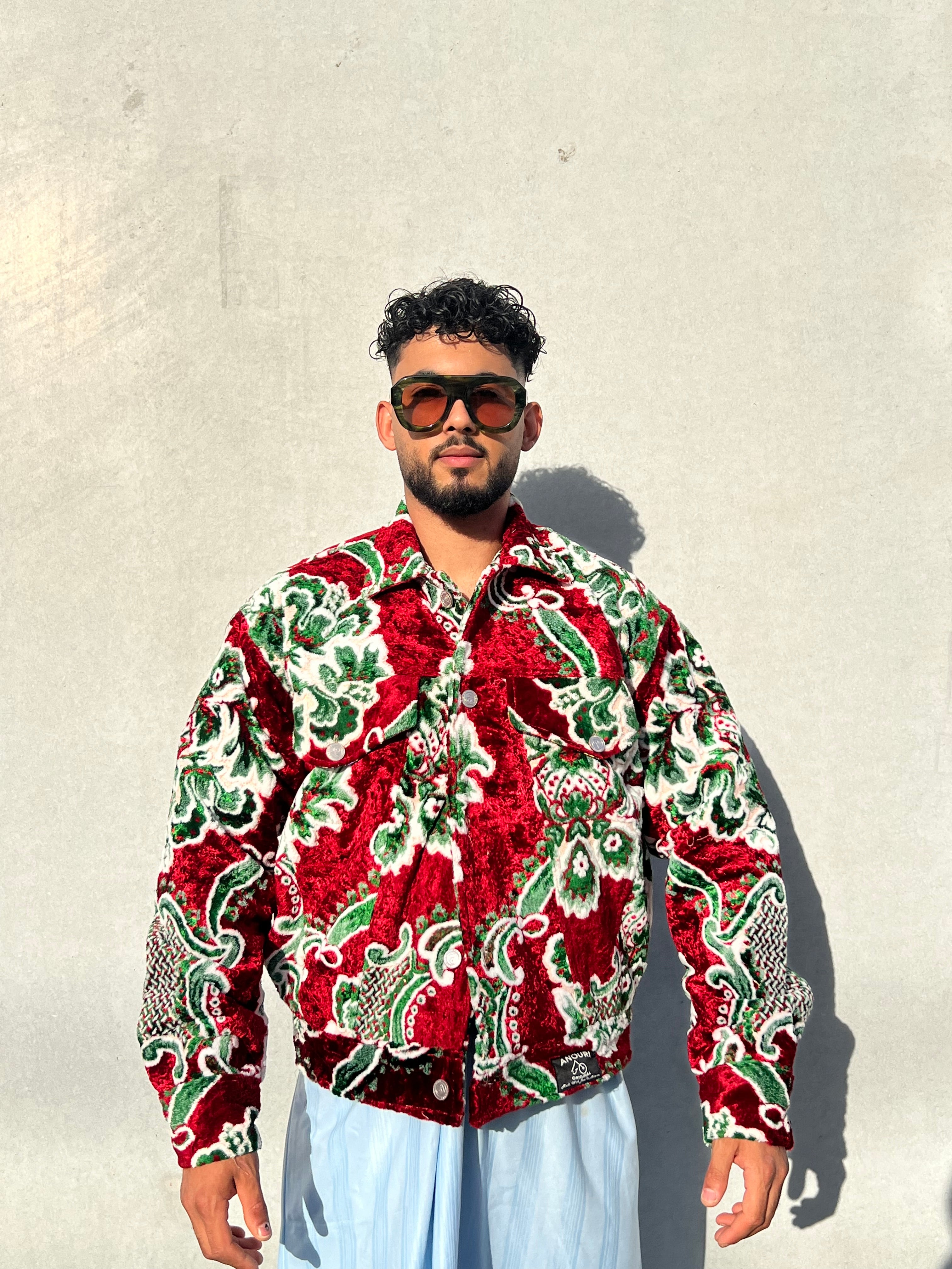 Moroccan hand made with unique design red and green color ,  carpet Jacket UNISEX