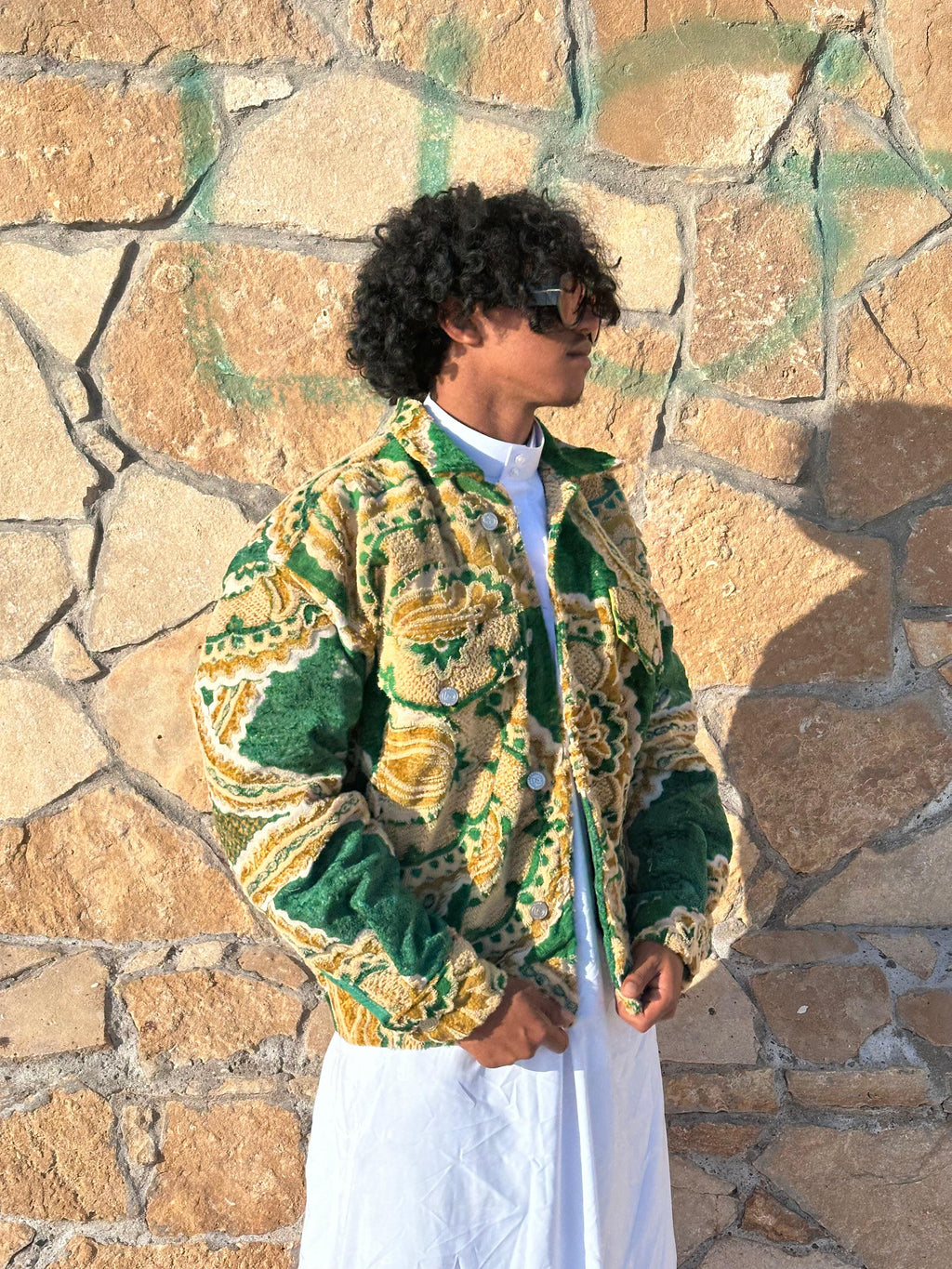 Moroccan hand made with unique green and yellow color,  carpet Jacket UNISEX
