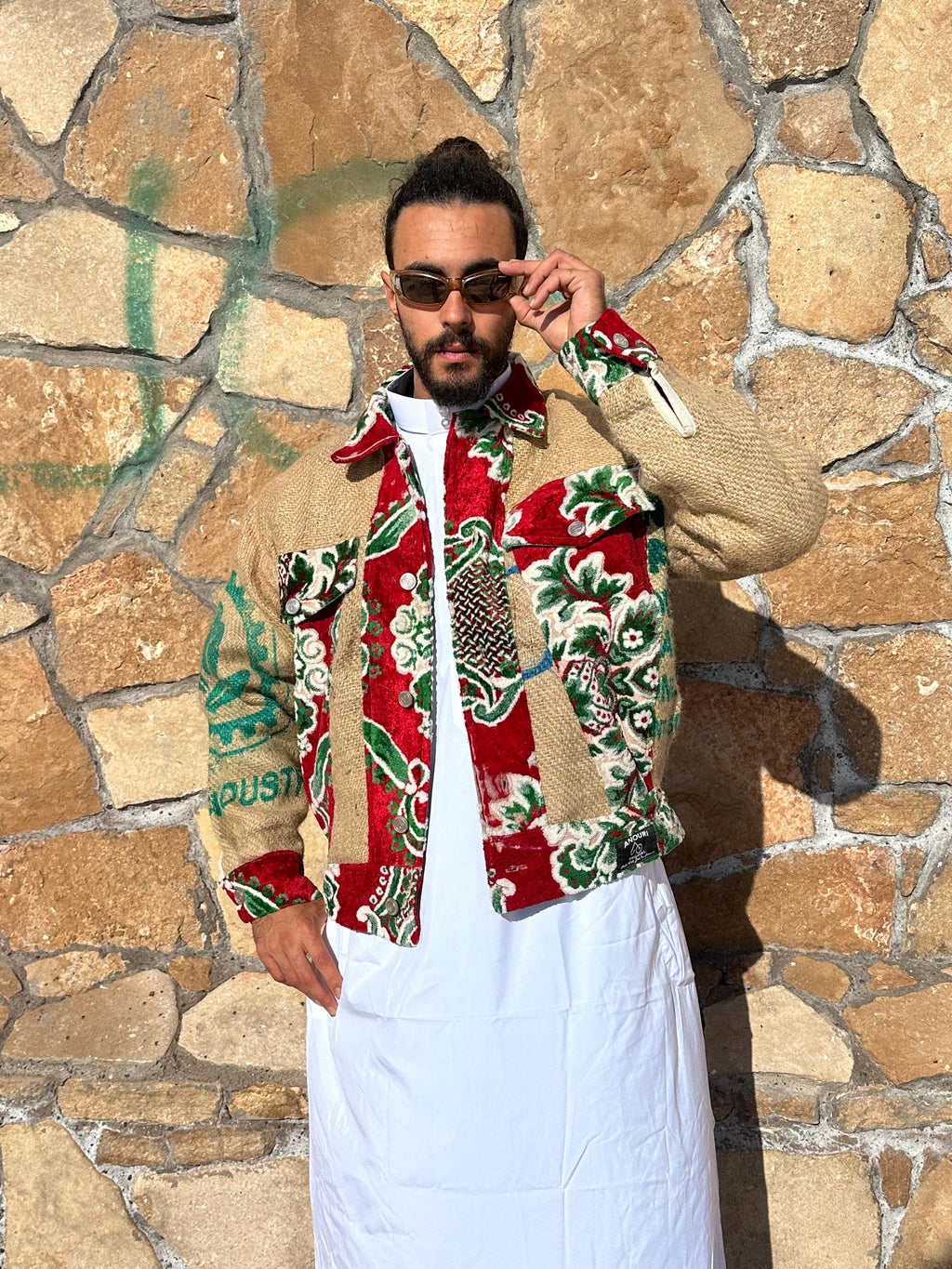 Moroccan hand made green and red burlap Jacket UNISEX