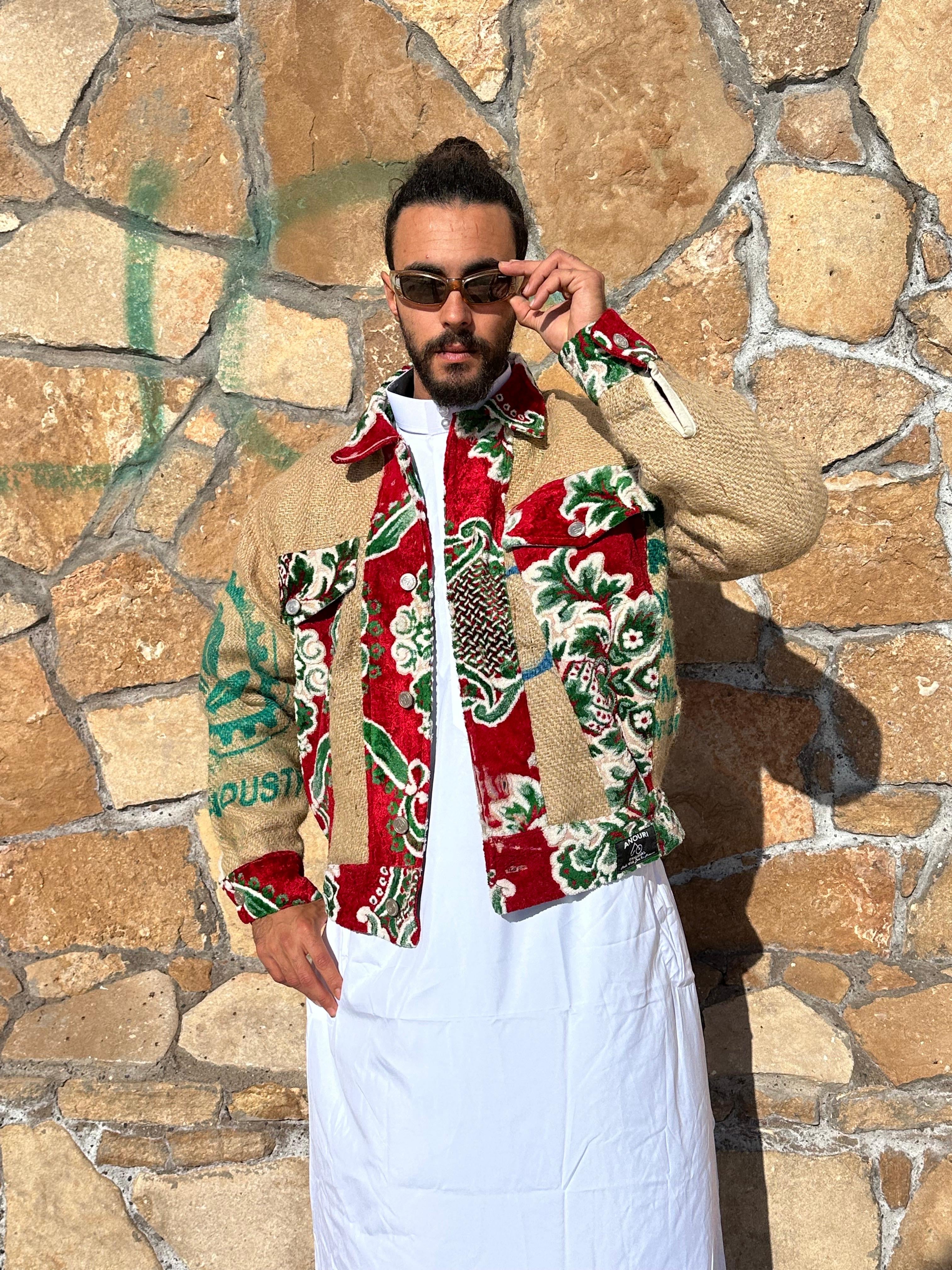 Moroccan hand made green and red burlap Jacket UNISEX