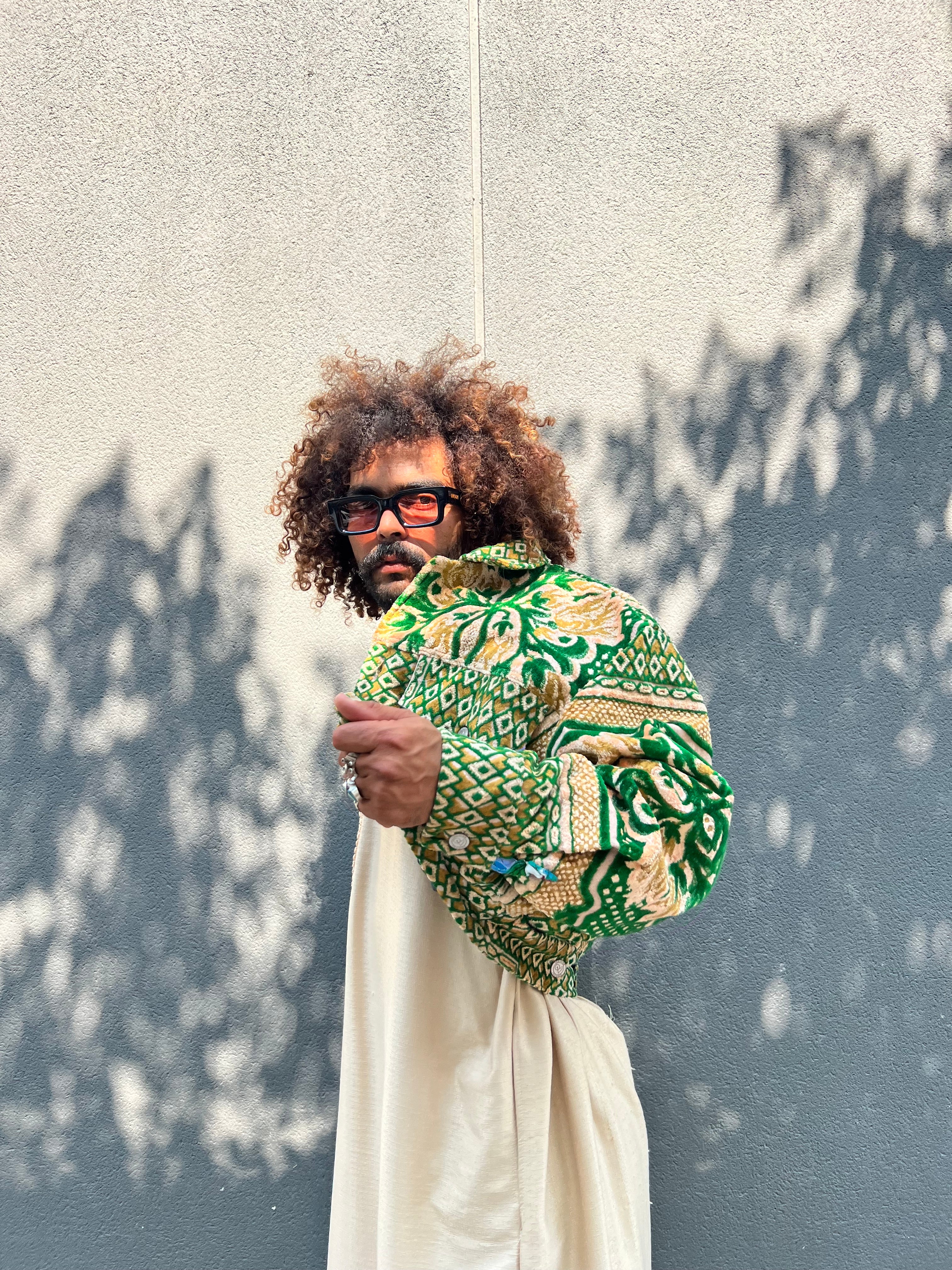 Moroccan hand made with unique green and yellow color,  carpet Jacket UNISEX