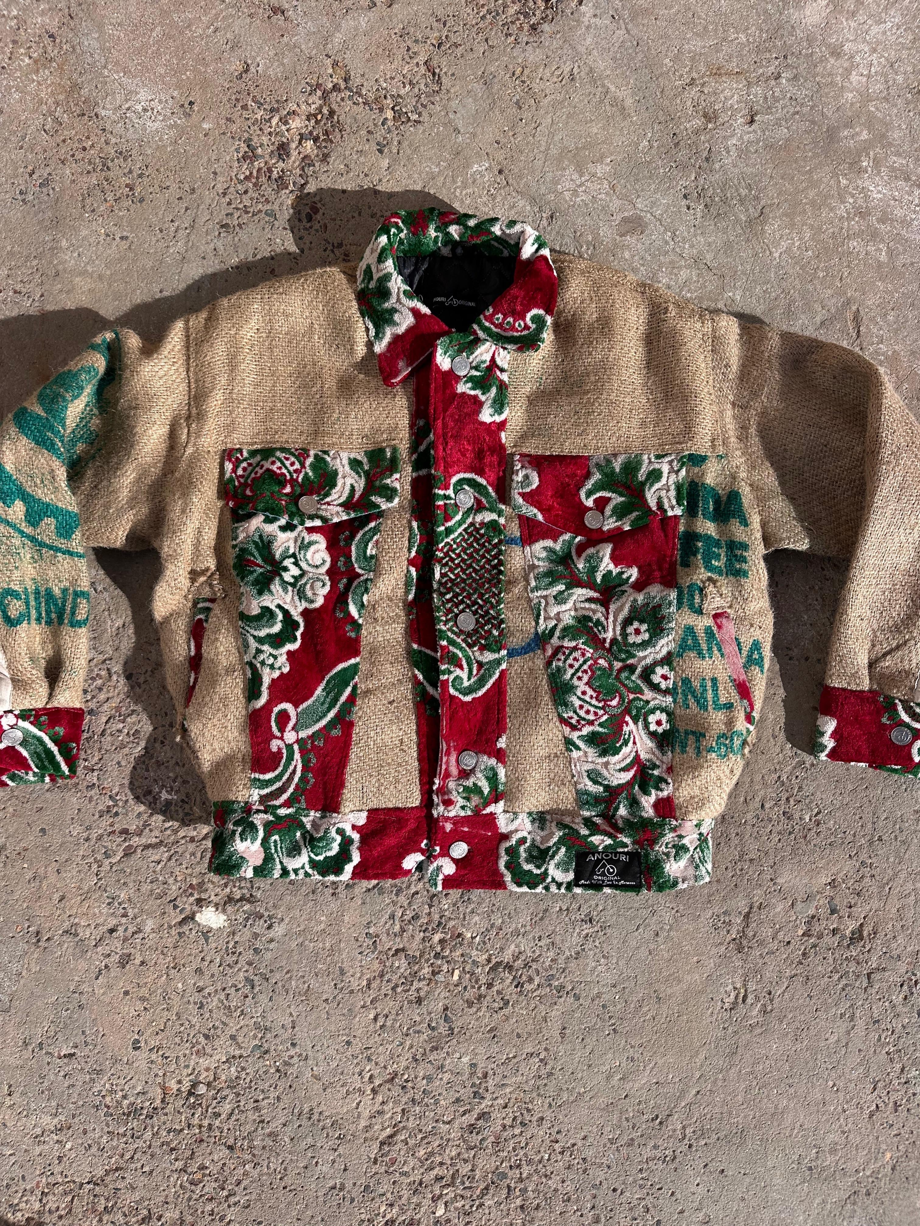 Moroccan hand made green and red burlap Jacket UNISEX
