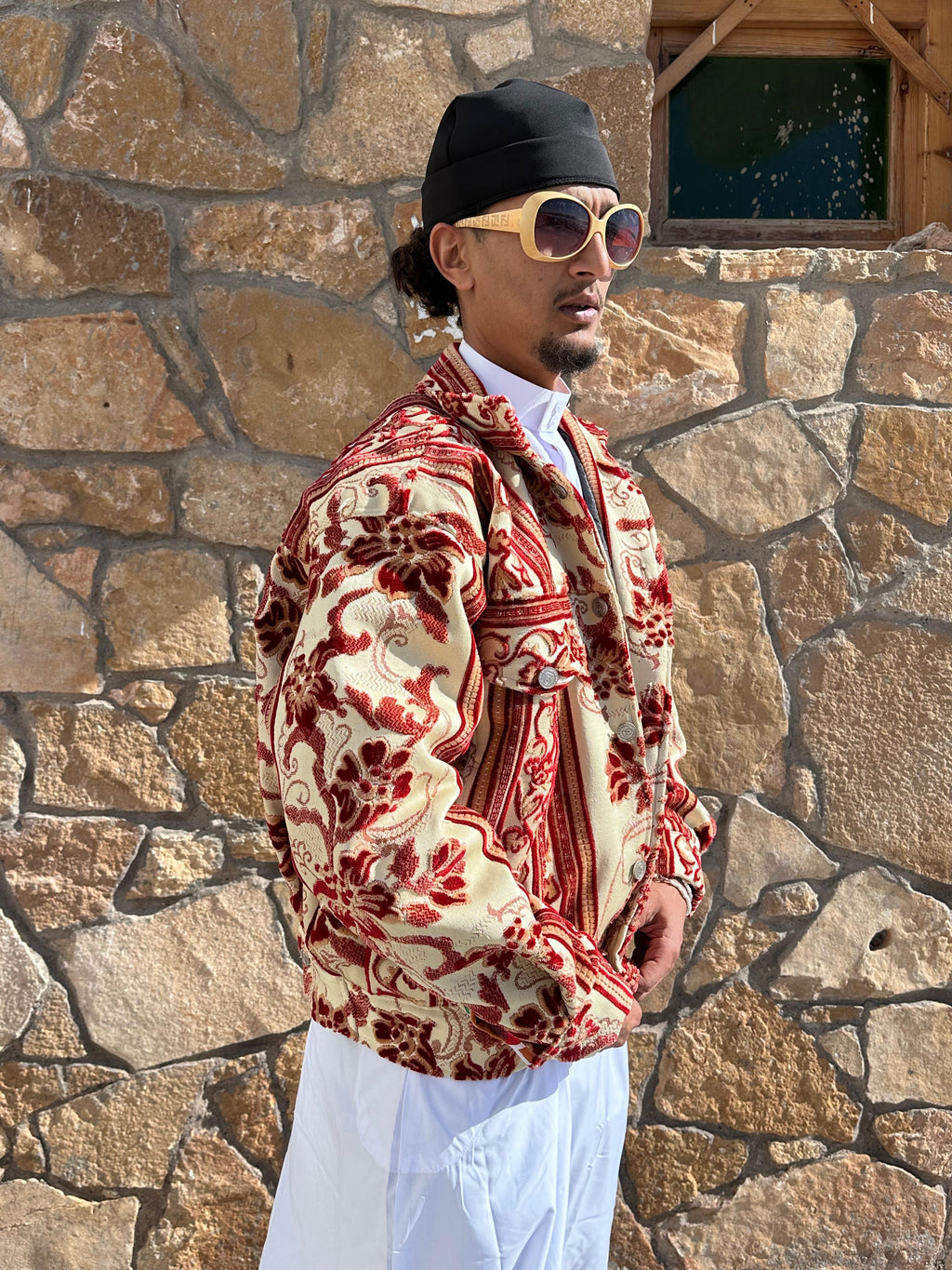 Moroccan hand made with unique unique yellow and red color,  carpet Jacket UNISEX