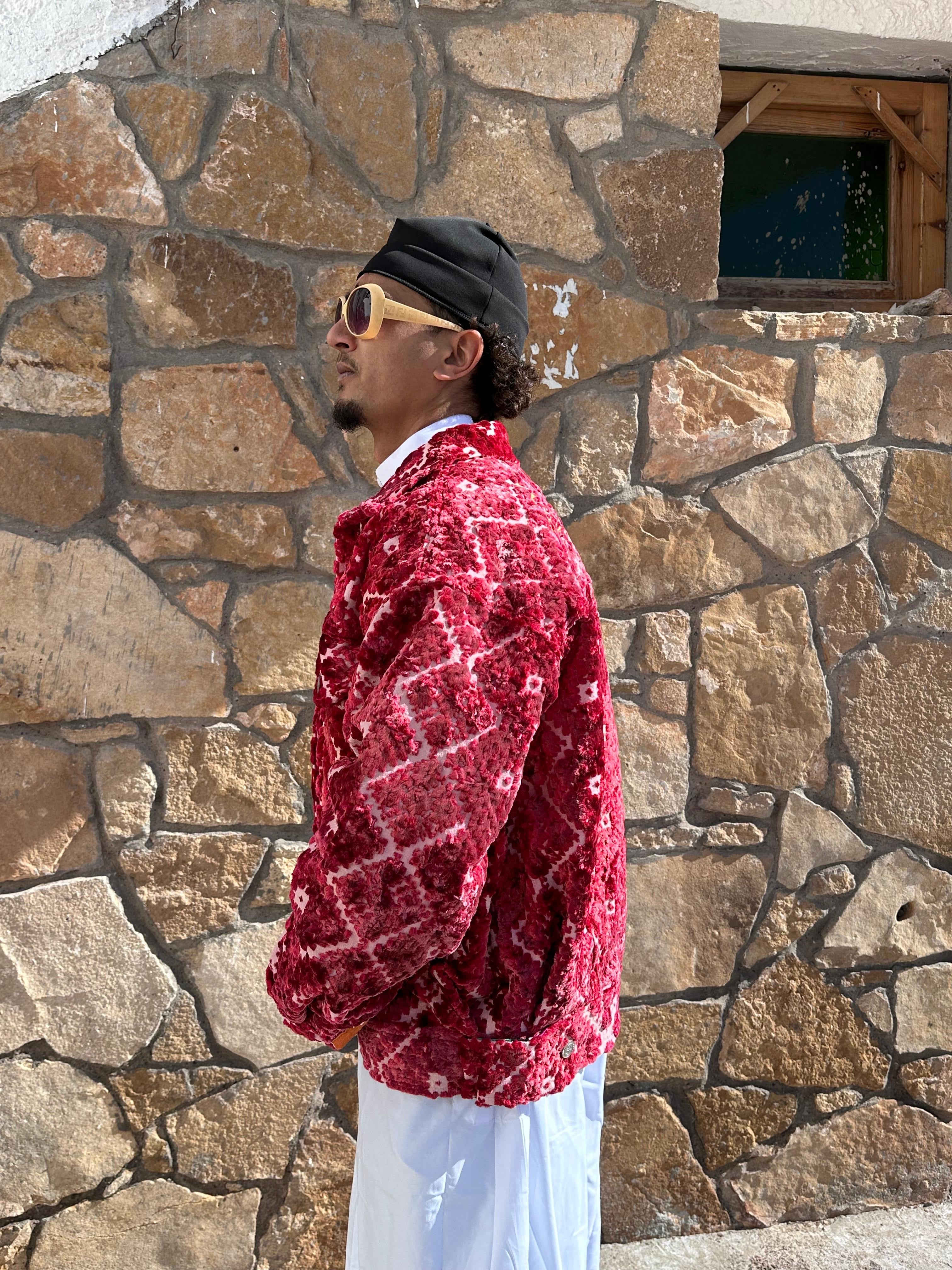 Moroccan hand made with unique unique red color,  carpet Jacket UNISEX