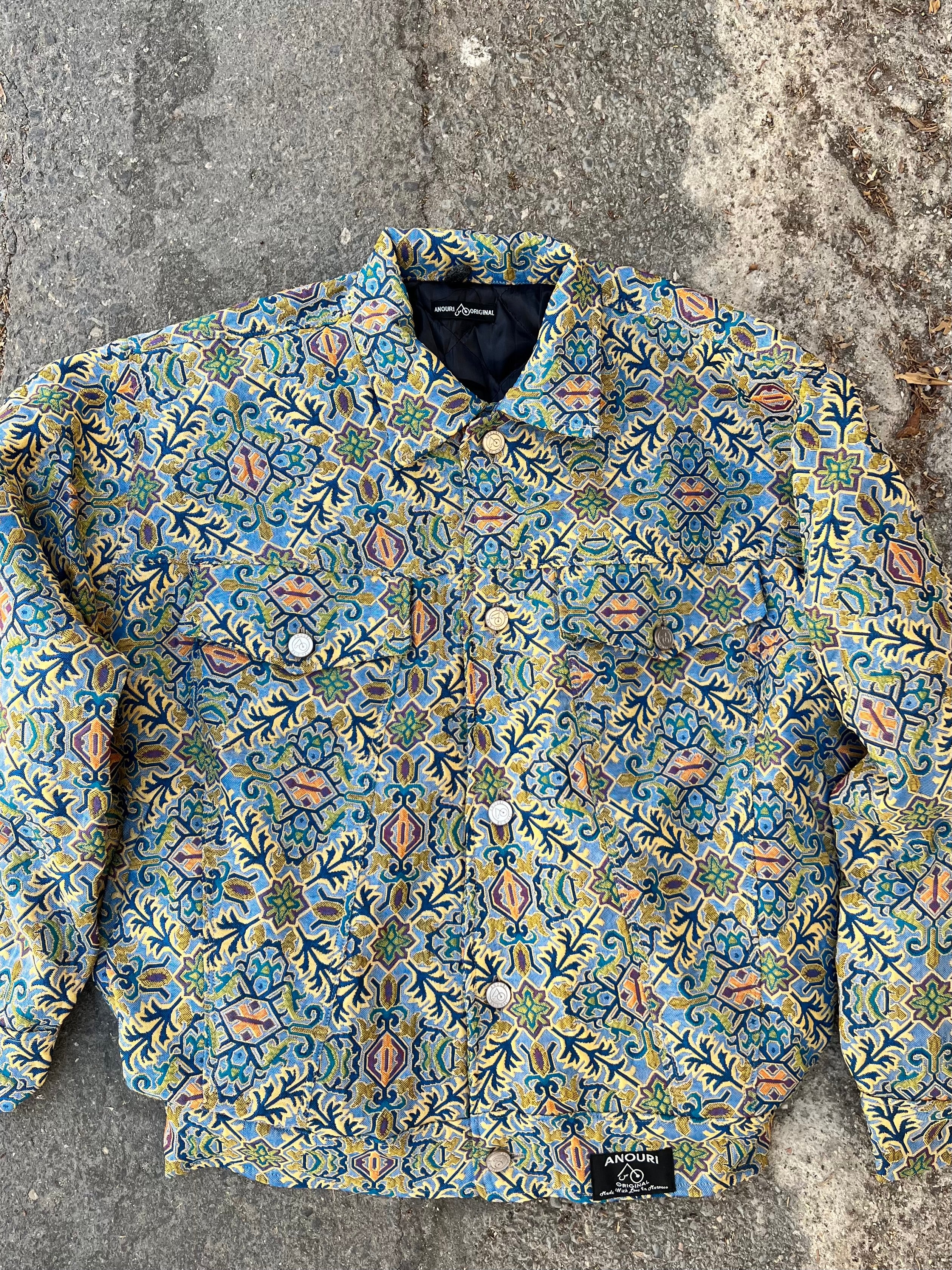 Moroccan hand made with unique colorful blue yellow color ,  carpet Jacket UNISEX