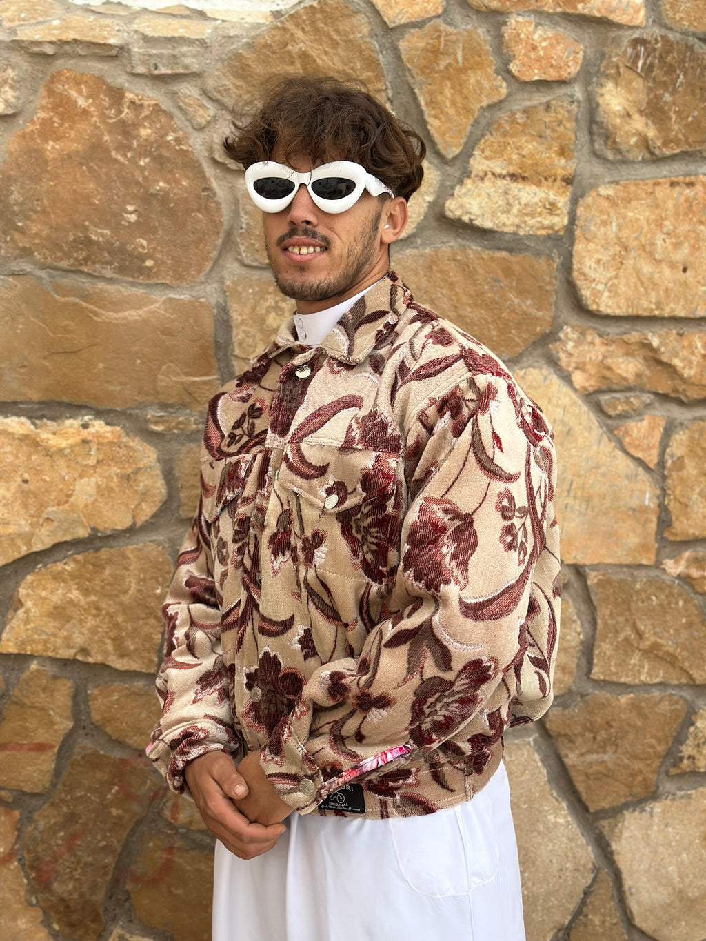 Moroccan hand made light Khaki and pink with unique design carpet Jacket UNISEX