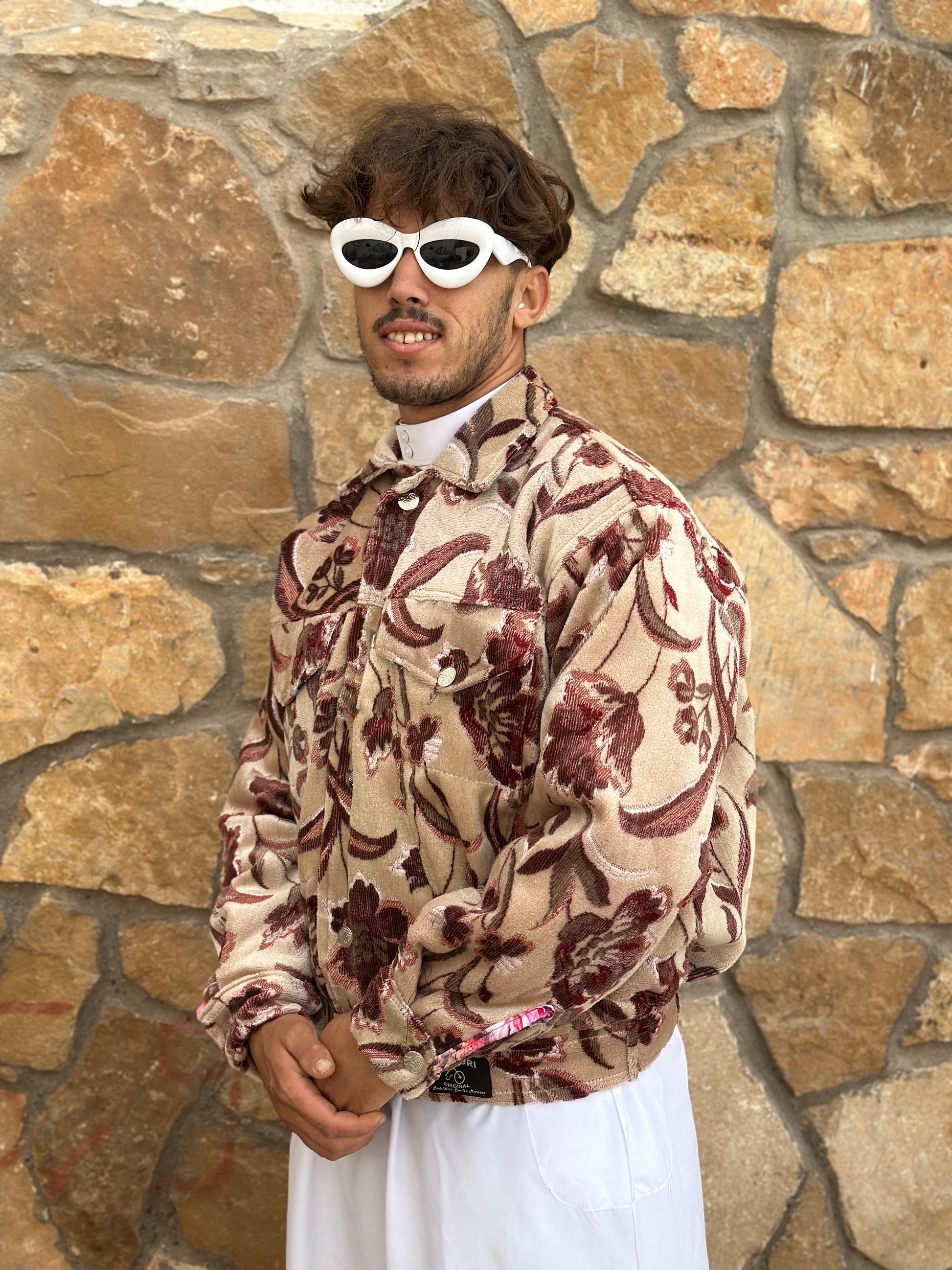 Moroccan hand made light Khaki and pink with unique design carpet Jacket UNISEX