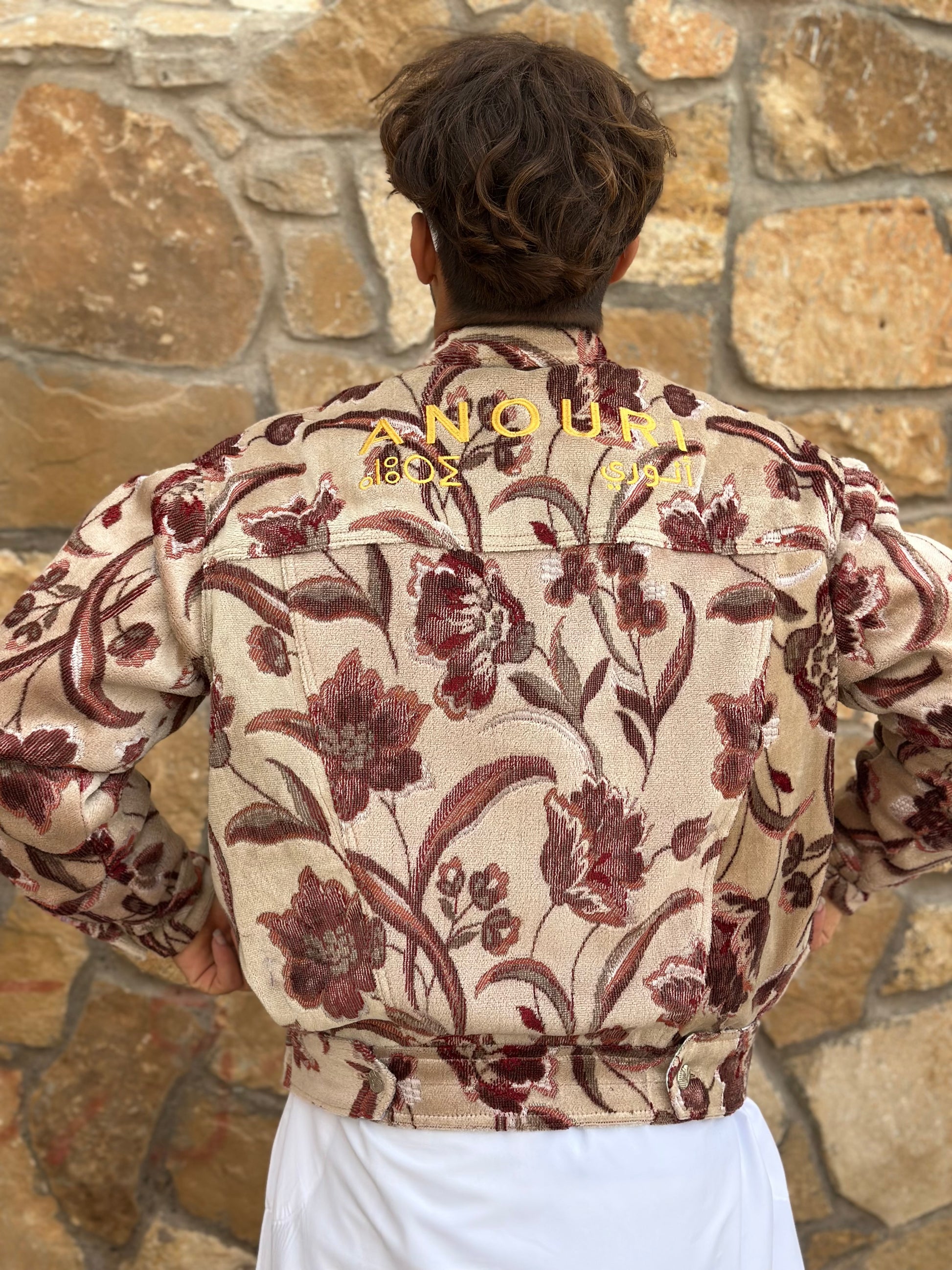 Moroccan hand made light Khaki and pink with unique design carpet Jacket UNISEX